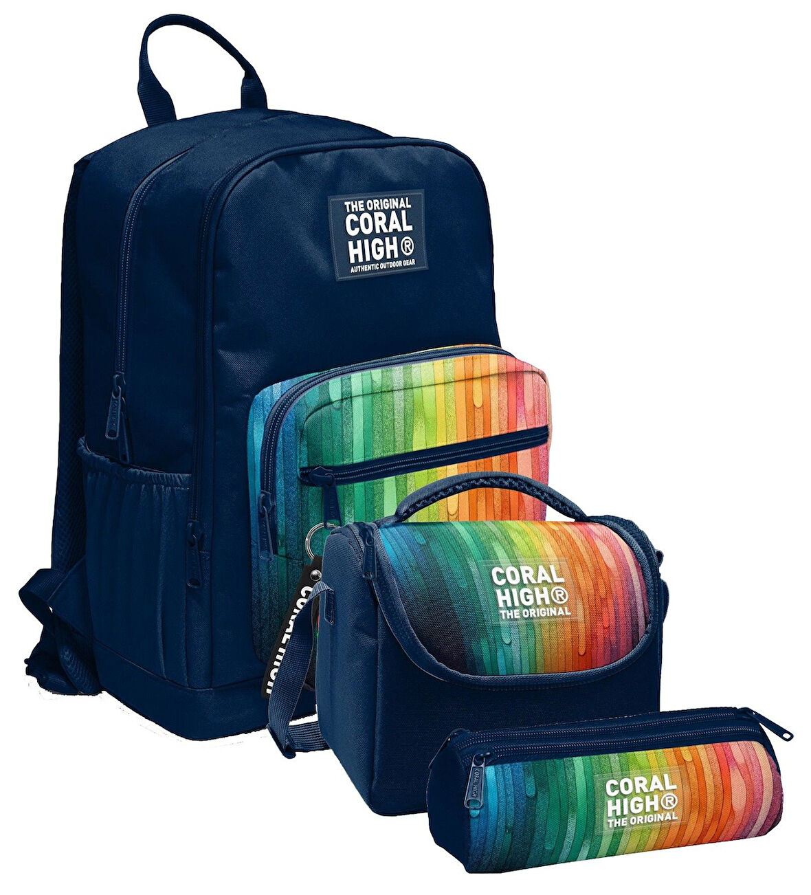 Coral High İlkokul ve Ortaokul Okul Çanta Üçlüsü - Erkek Çocuk, Lacivert Çok Renkli Çizgi Desenli