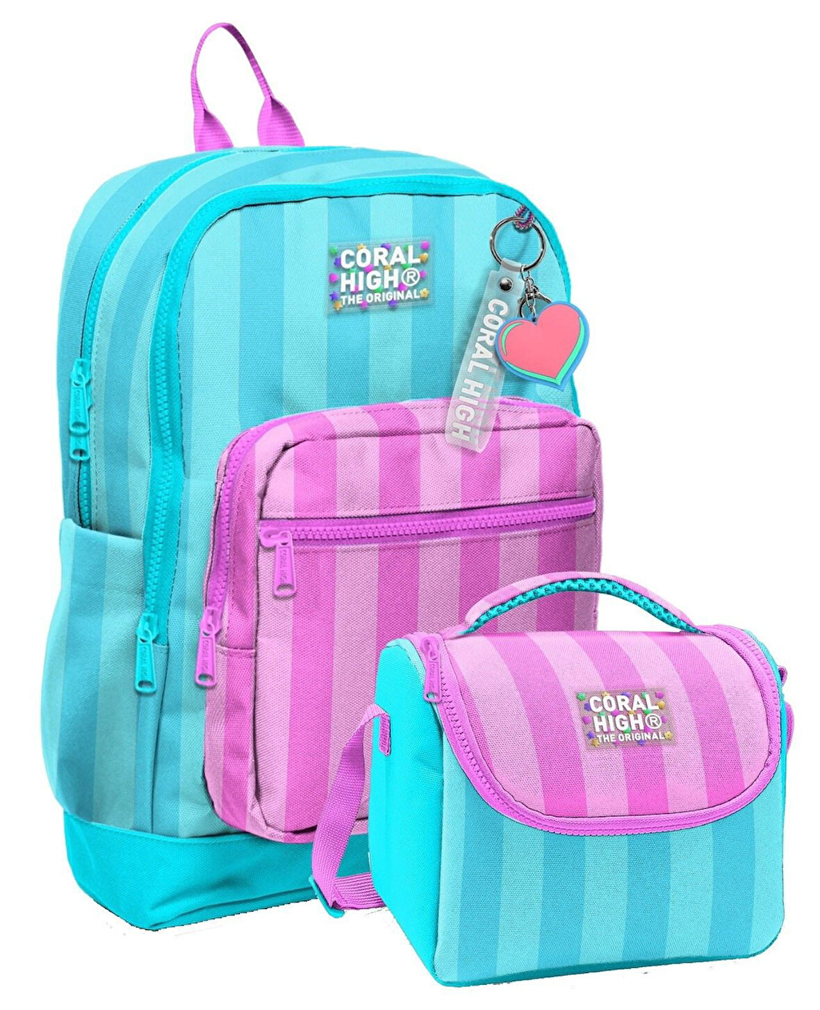 Coral High Kız Çocuklar İçin Dayanıklı İkili İlk Okul Çanta Seti  - Turkuaz Pembe Çizgili