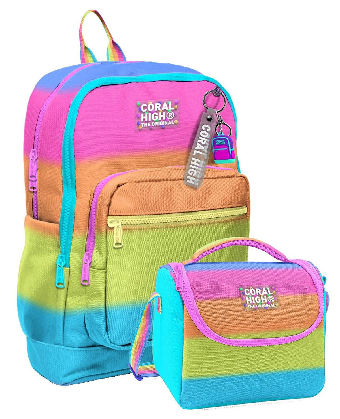 Coral High Kız Çocuklar İçin Dayanıklı İkili İlk Okul Çanta Seti  - Pembe Turuncu Renk Geçişli