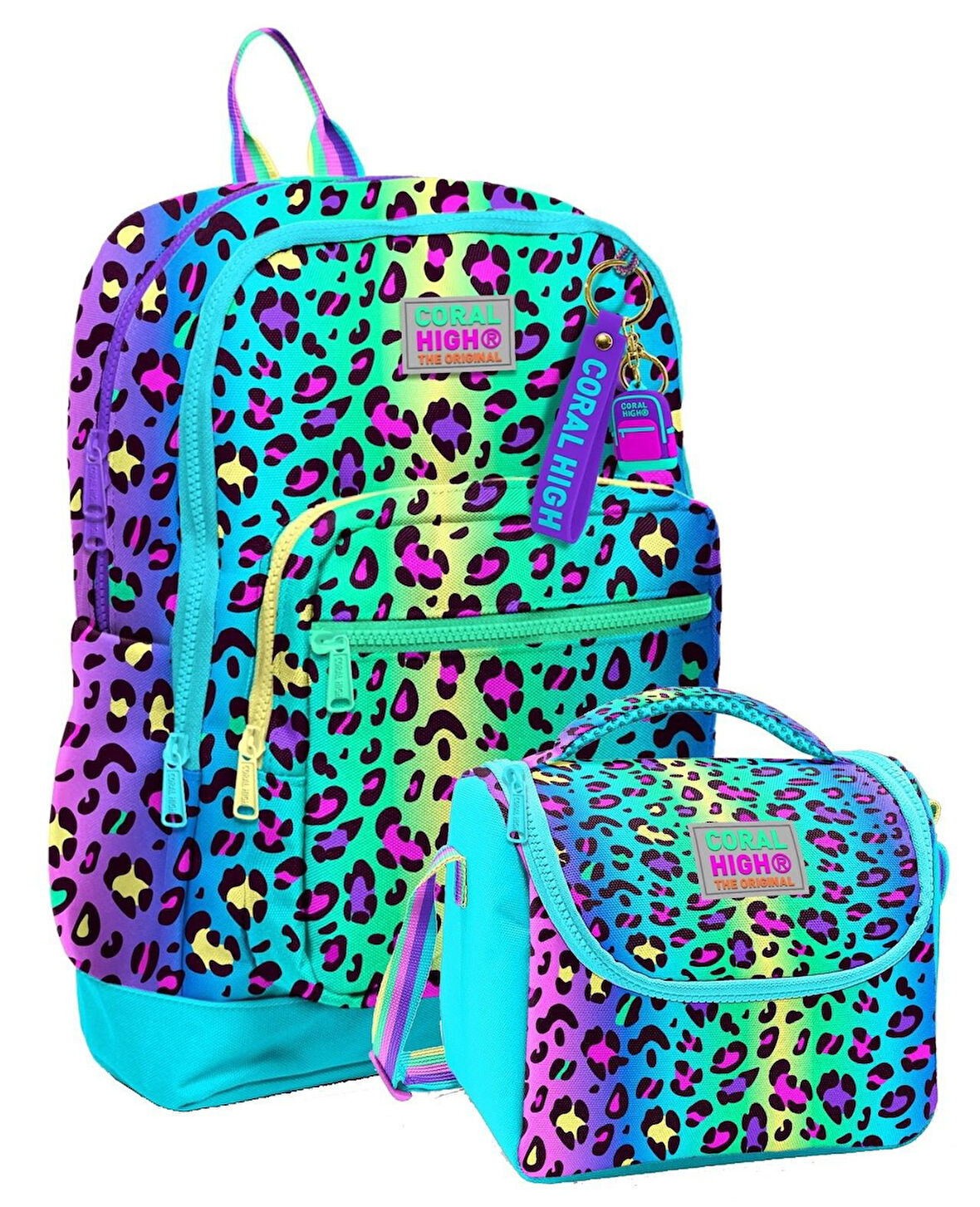 Coral High Kız Çocuklar İçin Dayanıklı İkili İlk Okul Çanta Seti  - Yeşil Mor Leopar