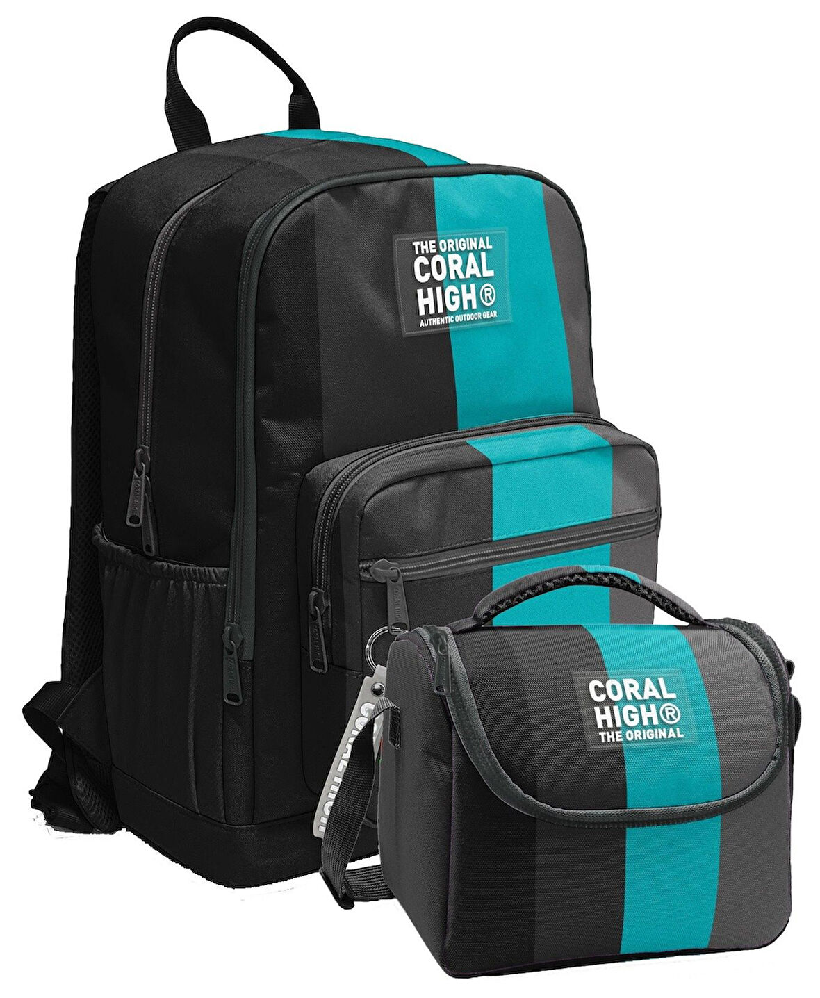 Coral High İlkokul ve Ortaokul Sırt Çantası ve Beslenme Seti - Erkek Çocuklar İçin Siyah Turkuaz Çizgili