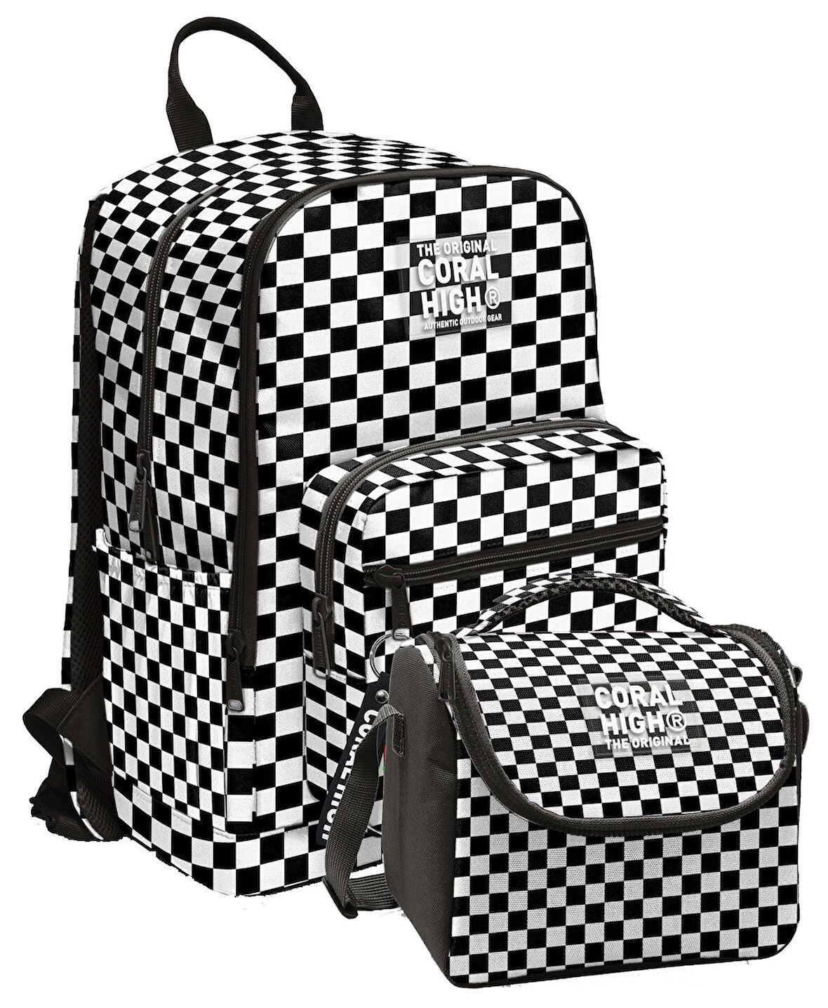 Coral High İlkokul ve Ortaokul Sırt Çantası ve Beslenme Seti - Kız Çocuklar İçin Siyah Beyaz Damalı