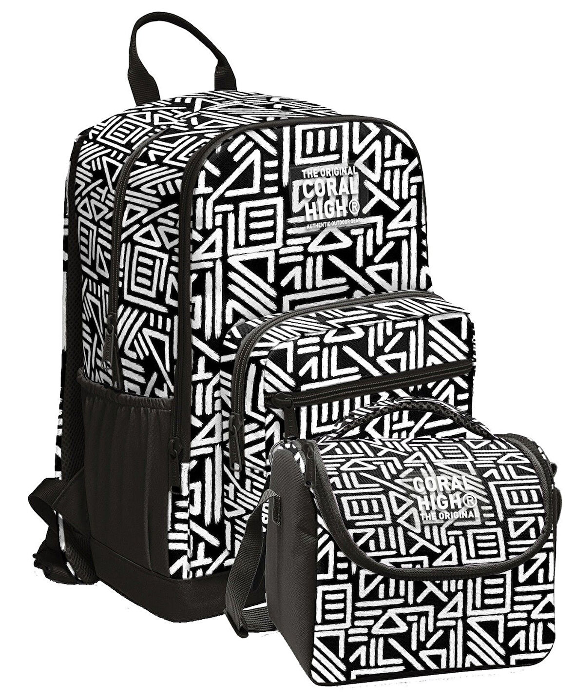 Coral High İlkokul ve Ortaokul Sırt Çantası ve Beslenme Seti - Erkek Çocuklar İçin Siyah Beyaz Geometrik Şekiller