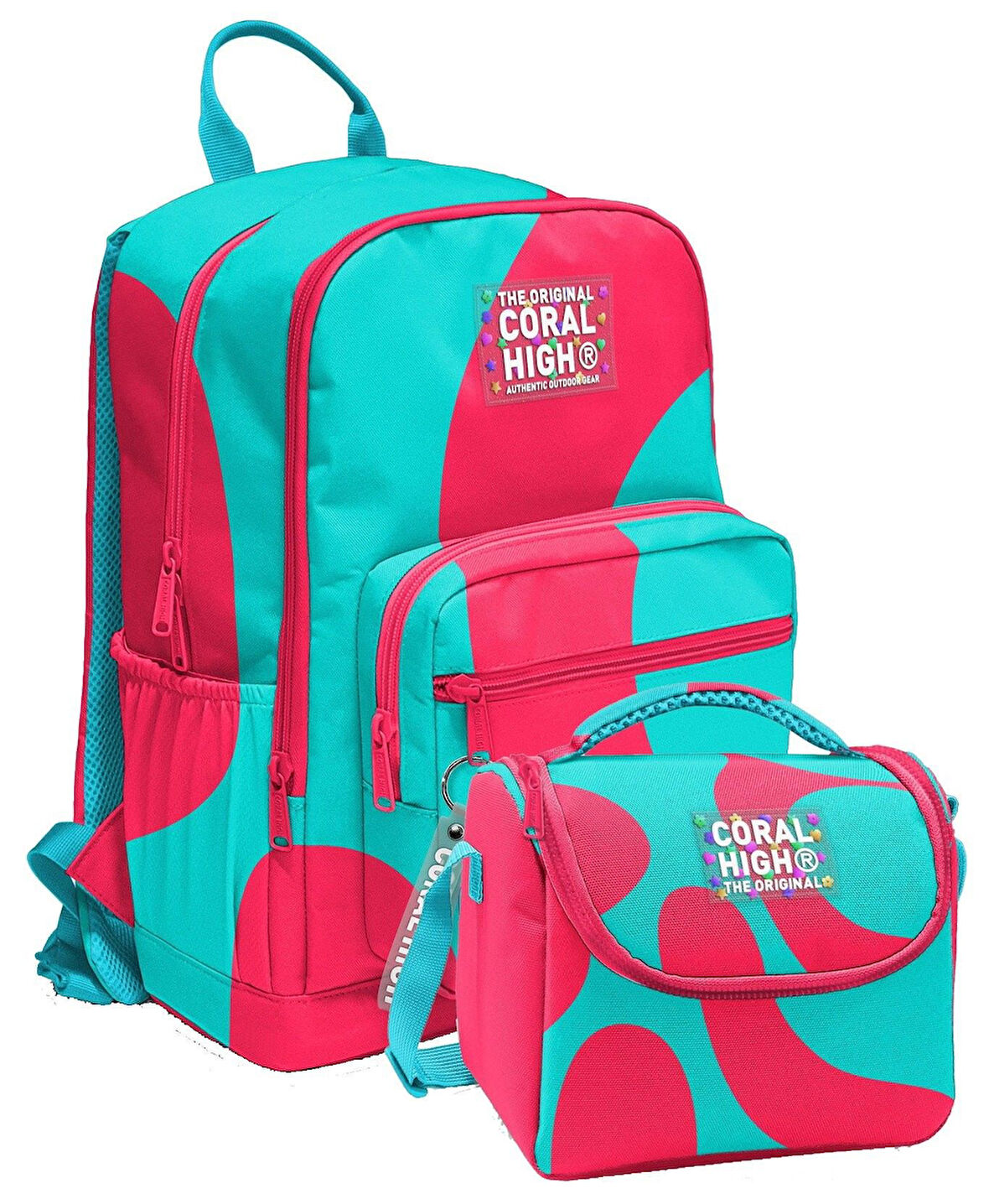 Coral High İlkokul ve Ortaokul Sırt Çantası ve Beslenme Seti - Kız Çocuklar İçin Kırmızı Turkuaz Renkli Çizgili