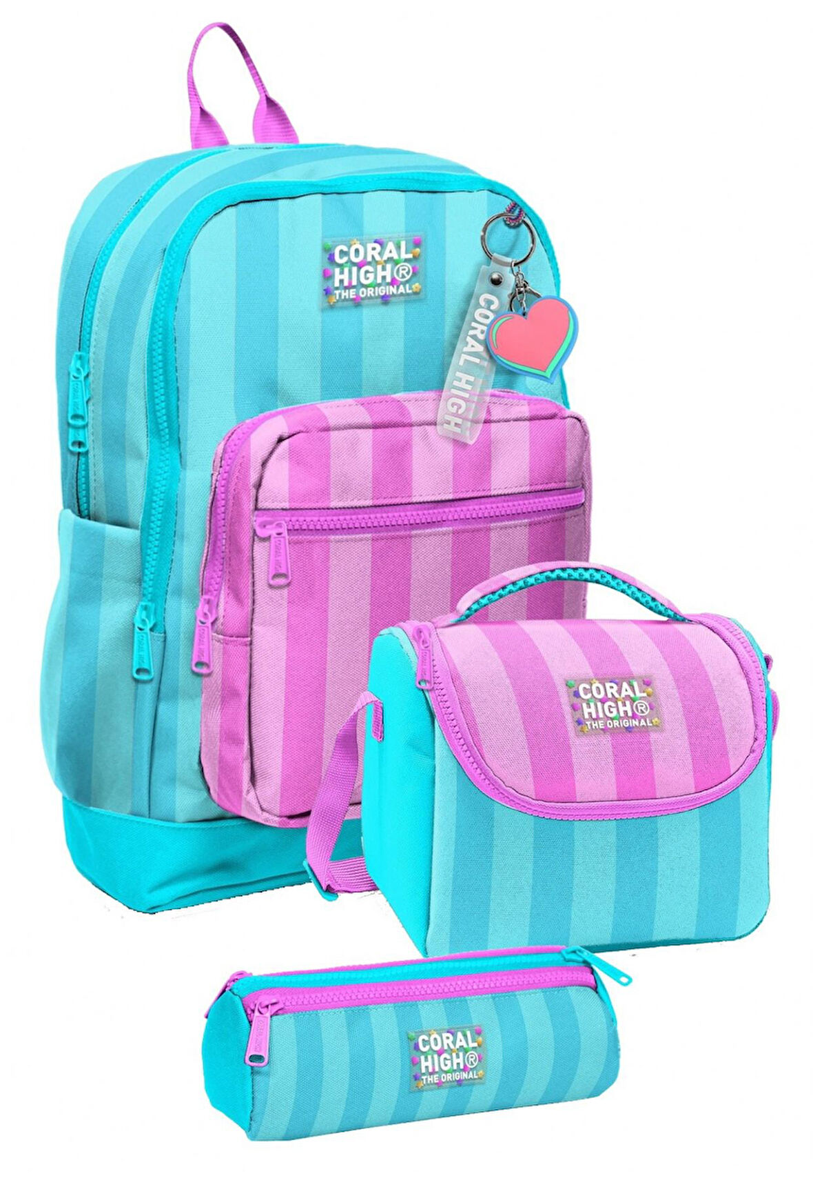 Coral High İlkokul Üçlü Okul Başlangıç Çanta Seti - Turkuaz Pembe Çizgili, Kız Çocuk