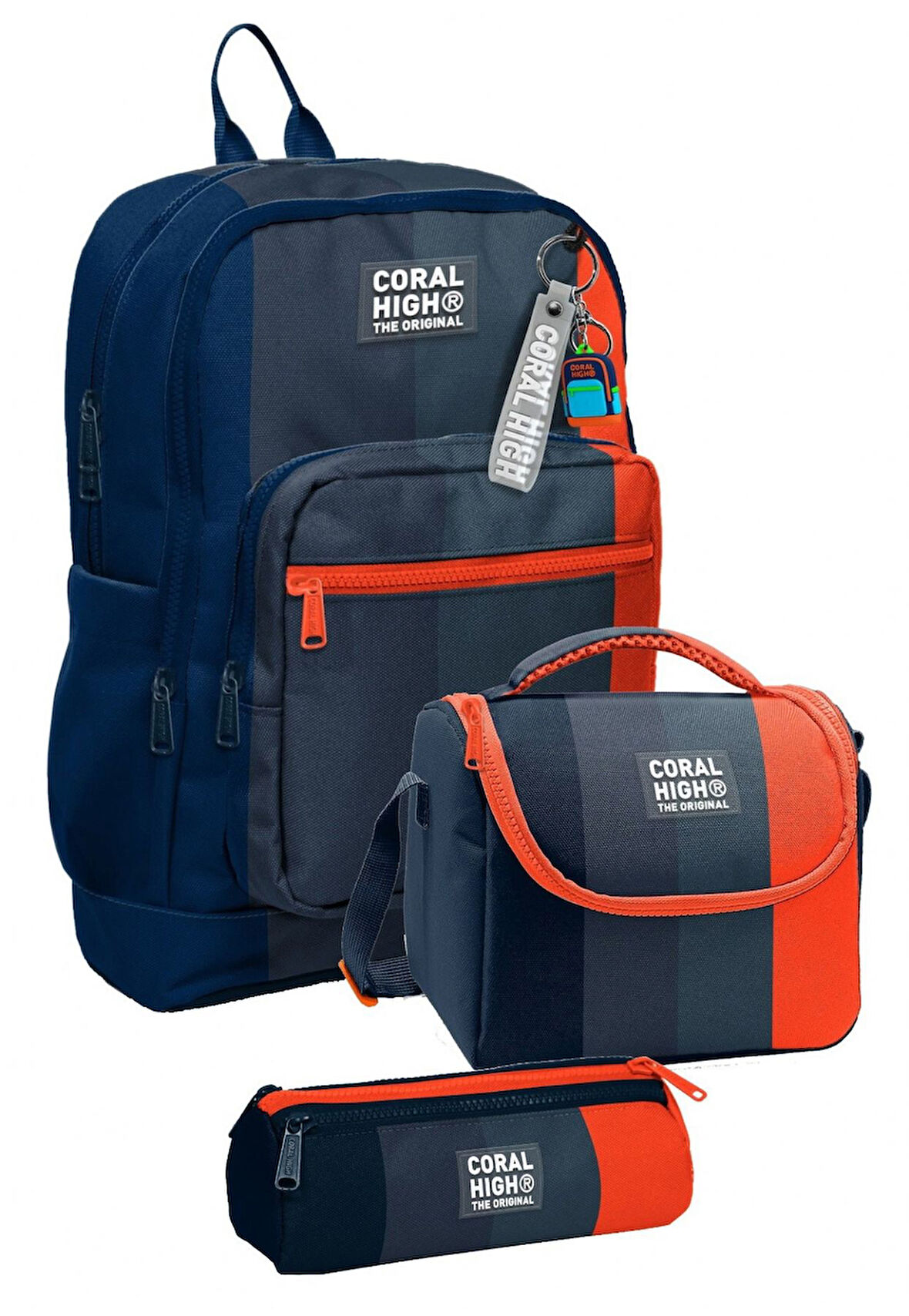 Coral High İlkokul Üçlü Okul Başlangıç Çanta Seti - Siyah Turuncu Renkli Çizgili, Erkek Çocuk