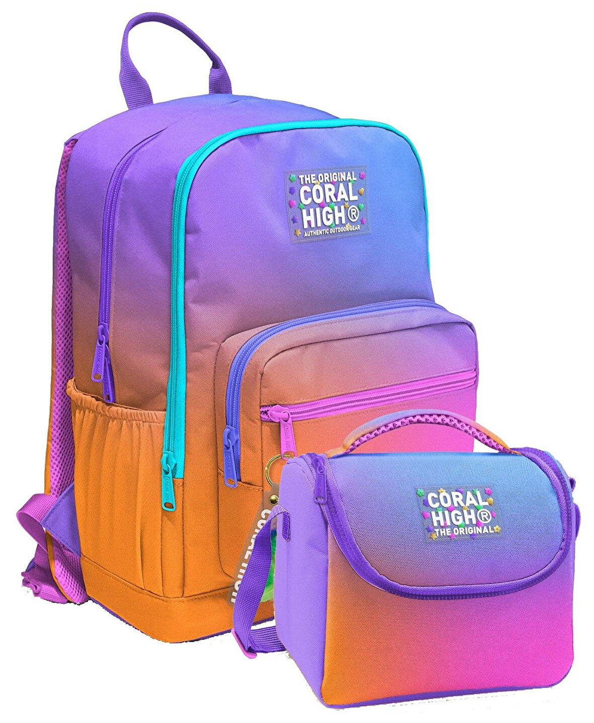 Coral High İlkokul ve Ortaokul Sırt Çantası ve Beslenme Seti - Kız Çocuklar İçin Turuncu Mor Renk Geçişli