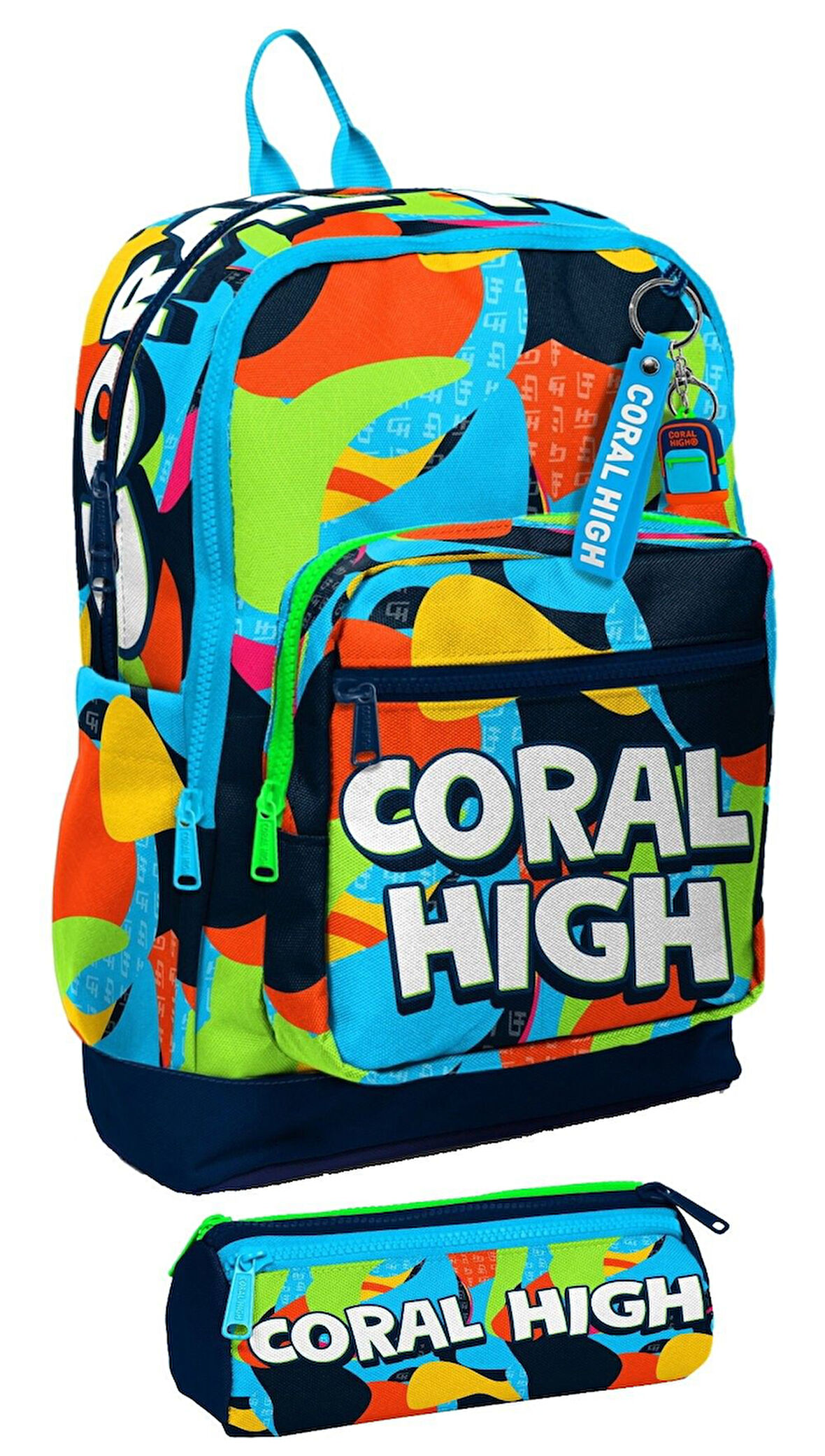Coral High İlkokul Erkek Çocuklarına Özel Dört Gözlü Sırt Çantası ve Kalemlik Seti- Lacivert Mavi Grafiti