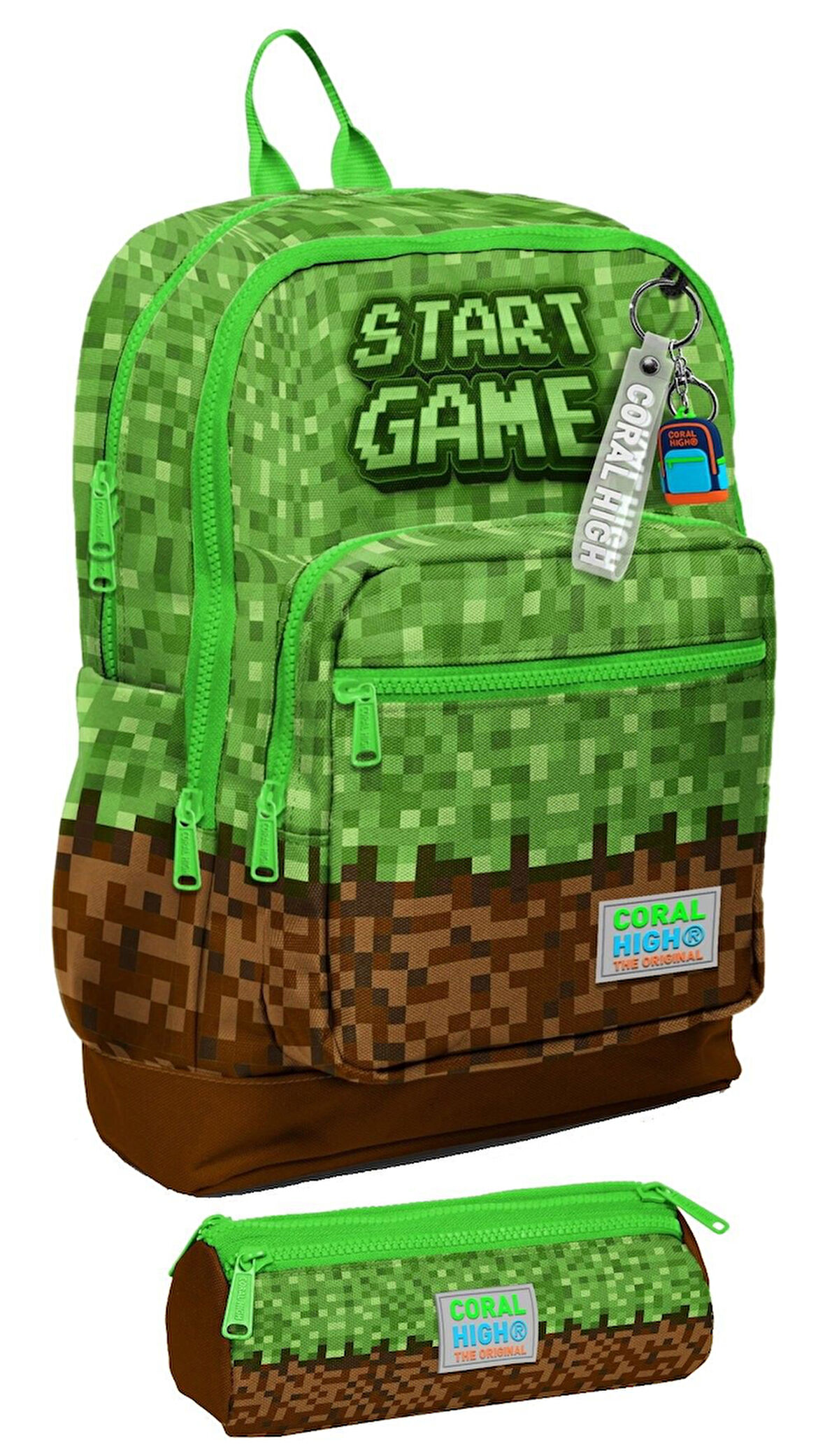 Coral High İlkokul Erkek Çocuklarına Özel Dört Gözlü Sırt Çantası ve Kalemlik Seti- Yeşil Kahverengi Craft