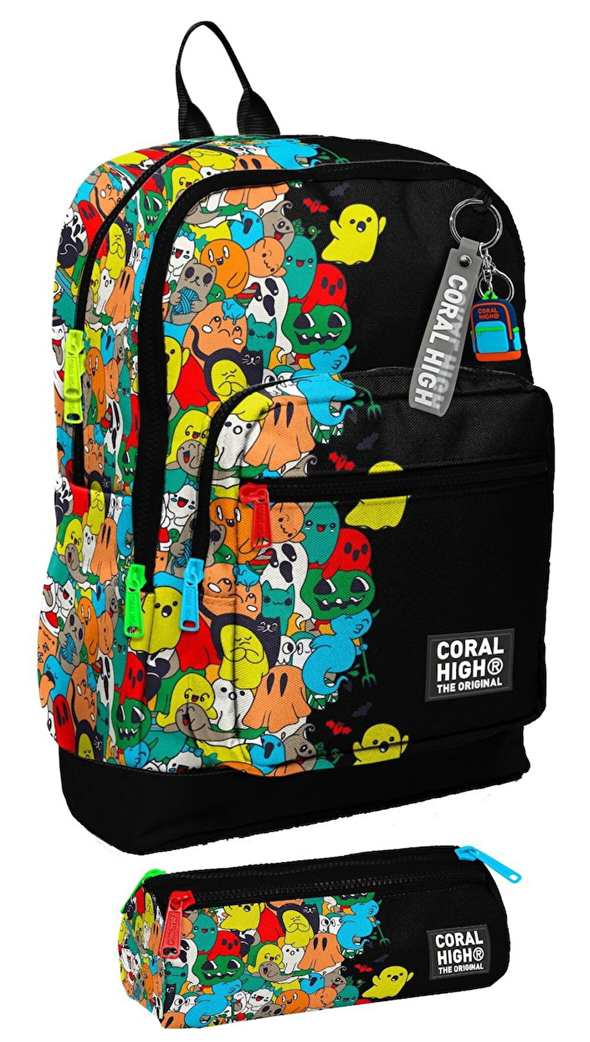 Coral High İlkokul Erkek Çocuklarına Özel Dört Gözlü Sırt Çantası ve Kalemlik Seti- Siyah Hayaletler
