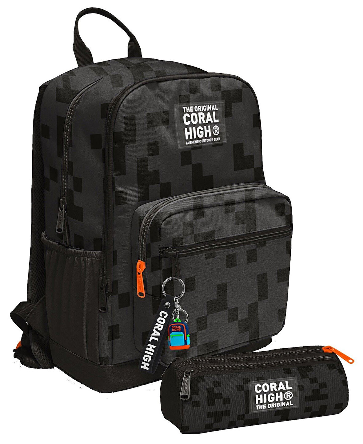 Coral High Erkek Çocuk Dört Gözlü Okul Sırt Çantası ve  Kalemlik Seti - Siyah Blok Desenli - İlkokul ve Ortaokul İçin Uygun