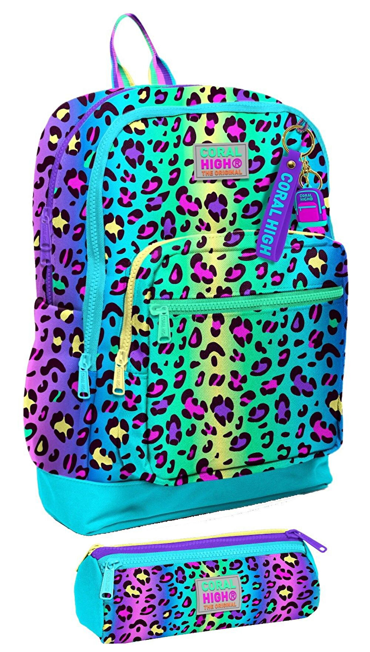 Coral High İlkokul Kız Çocuklarına Özel Dört Gözlü Sırt Çantası ve Kalemlik Seti- Yeşil Mor Leopar