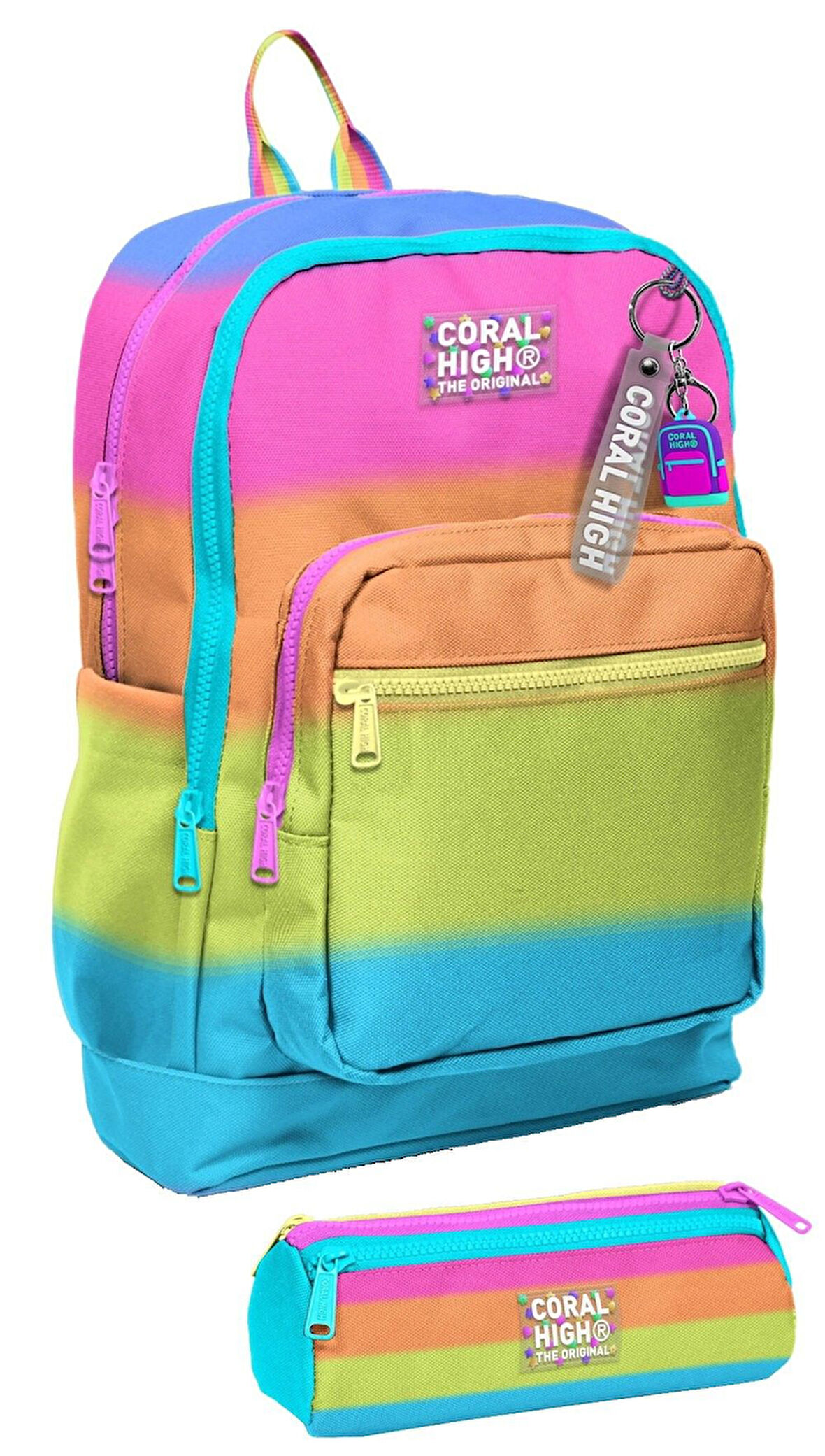 Coral High İlkokul Kız Çocuklarına Özel Dört Gözlü Sırt Çantası ve Kalemlik Seti- Pembe Turuncu Renk Geçişli