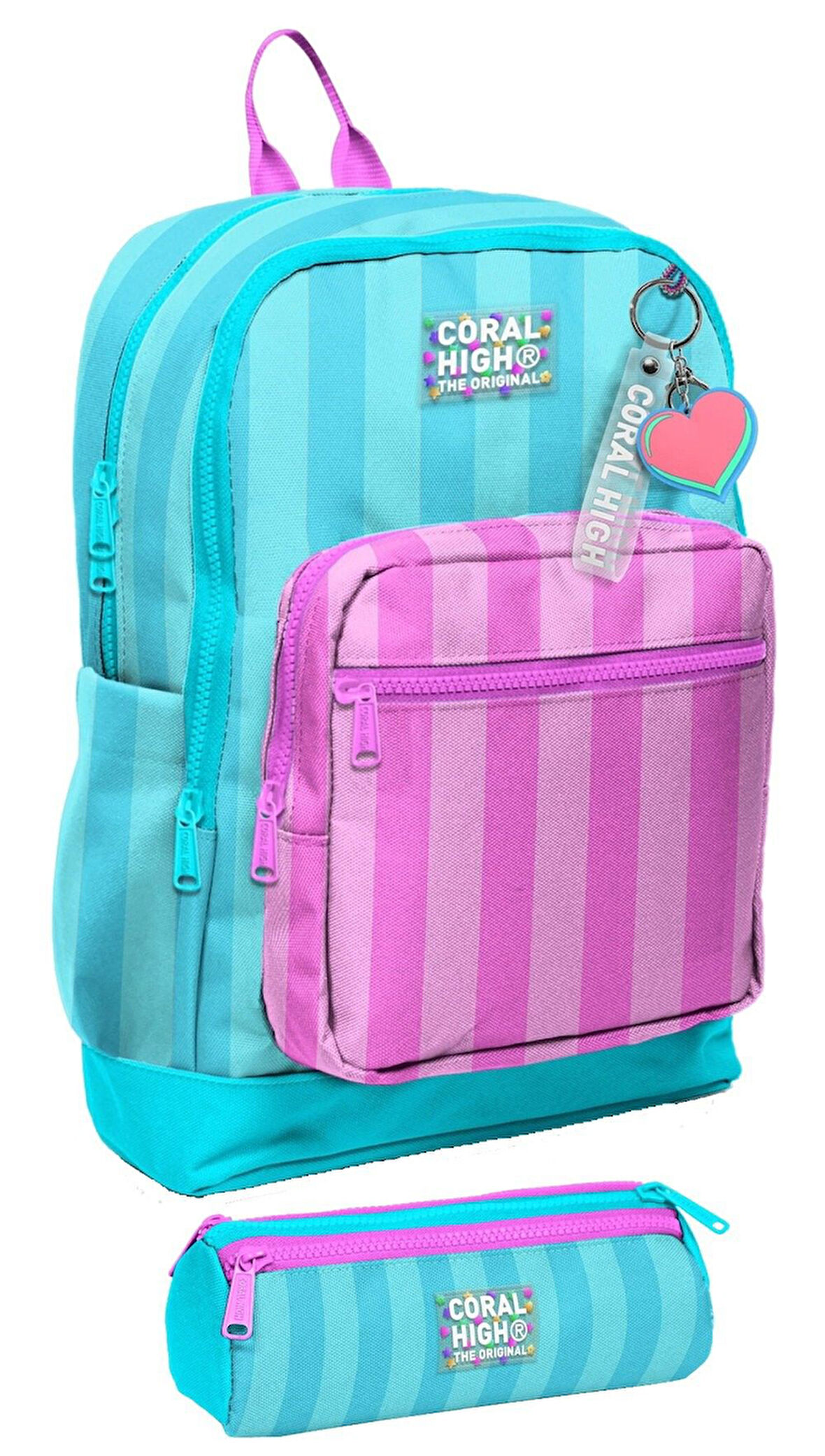 Coral High İlkokul Kız Çocuklarına Özel Dört Gözlü Sırt Çantası ve Kalemlik Seti- Turkuaz Pembe Çizgili