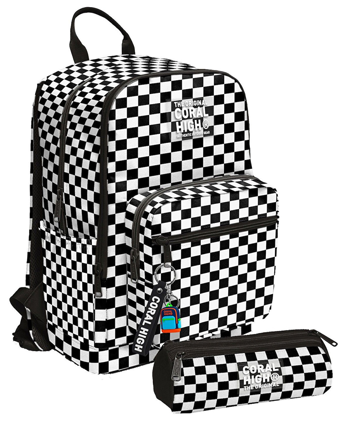Coral High Kız Çocuk Dört Gözlü Okul Sırt Çantası ve  Kalemlik Seti - Siyah Beyaz Damalı - İlkokul ve Ortaokul İçin Uygun