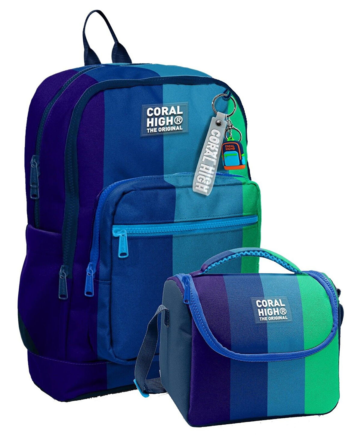 Coral High Erkek Çocuklar İçin Dayanıklı İkili İlk Okul Çanta Seti  - Lacivert Yeşil Renkli Çizgili