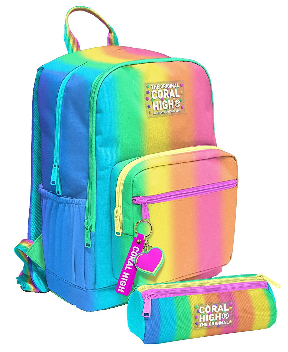 Coral High Kız Çocuk Dört Gözlü Okul Sırt Çantası ve  Kalemlik Seti - Renkli Çizgili Mavi Turuncu - İlkokul ve Ortaokul İçin Uygun