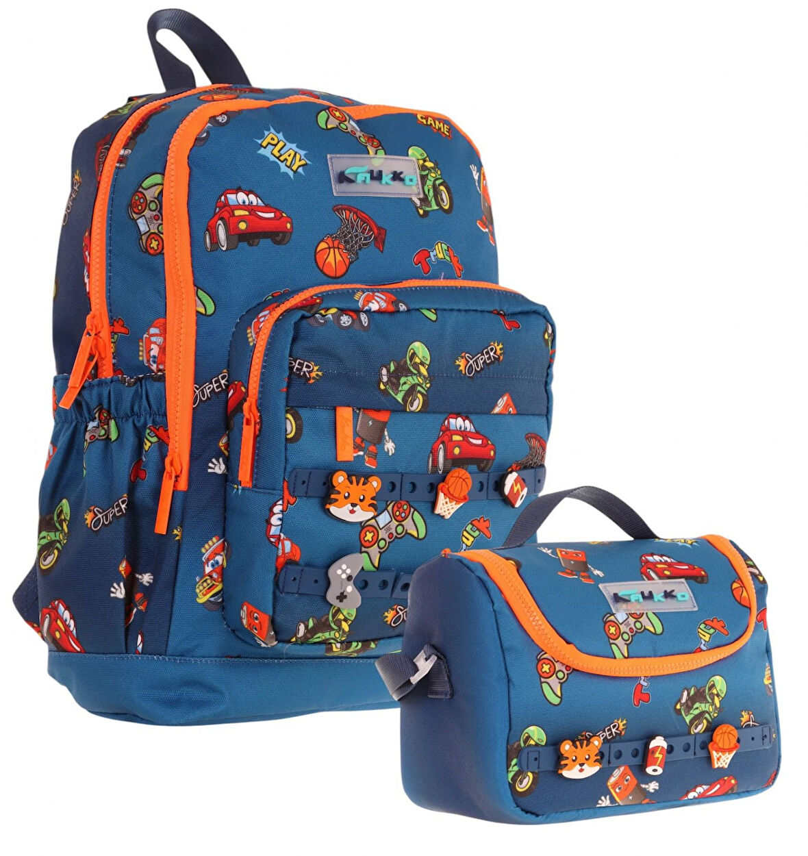 Kaukko Kids Dört Bölmeli Sırt Çantası ve Isı Yalıtımlı Beslenme Çantası Seti - Erkek Çocuk - Lacivert Turuncu