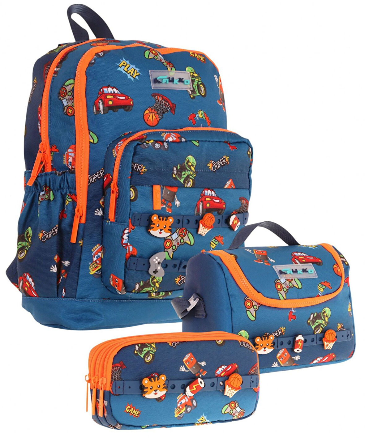 Kaukko Kids Üçlü İlkokul 1.2.3.4. Sınıf Okul Çanta Seti - Lacivert Turuncu - Erkek Çocuk - Silikon Aksesuarlı