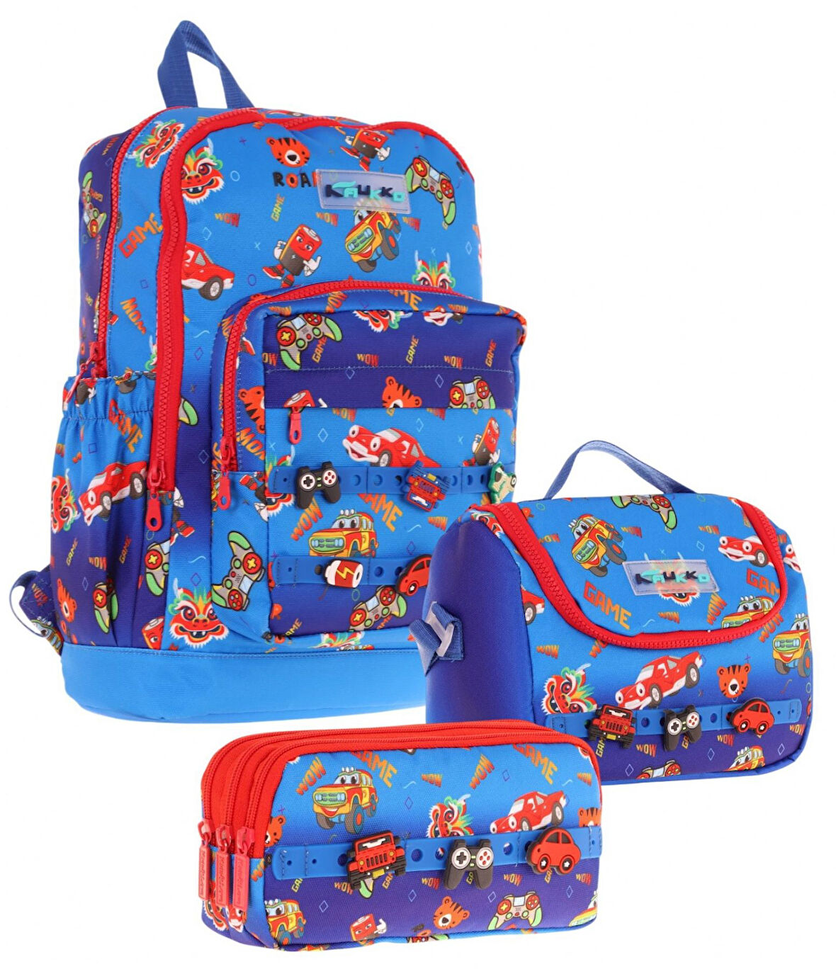 Kaukko Kids Üçlü İlkokul 1.2.3.4. Sınıf Okul Çanta Seti - Mavi Kırmızı - Erkek Çocuk - Silikon Aksesuarlı