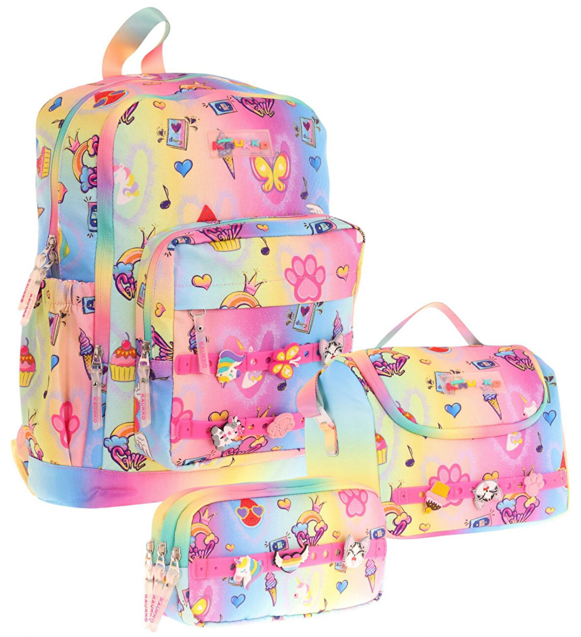 Kaukko Kids Üçlü İlkokul 1.2.3.4. Sınıf Okul Çanta Seti - Mavi Sarı - Kız Çocuk - Silikon Aksesuarlı