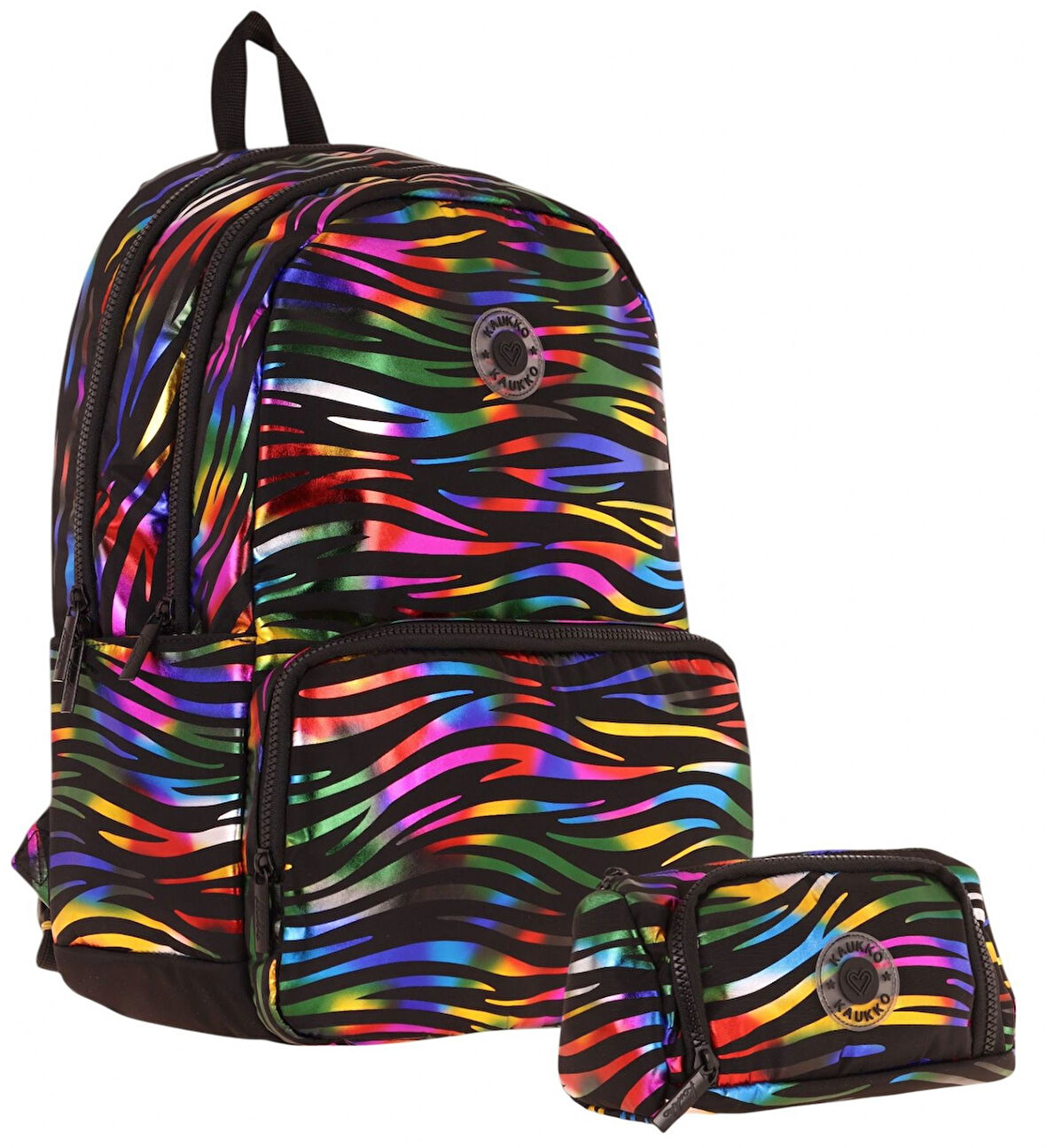 Kaukko Shine Kız Çocuk Zebra Desenli Siyah Çok Renkli İlkokul, Ortaokul Sırt Çantası ve Kalemlik Seti