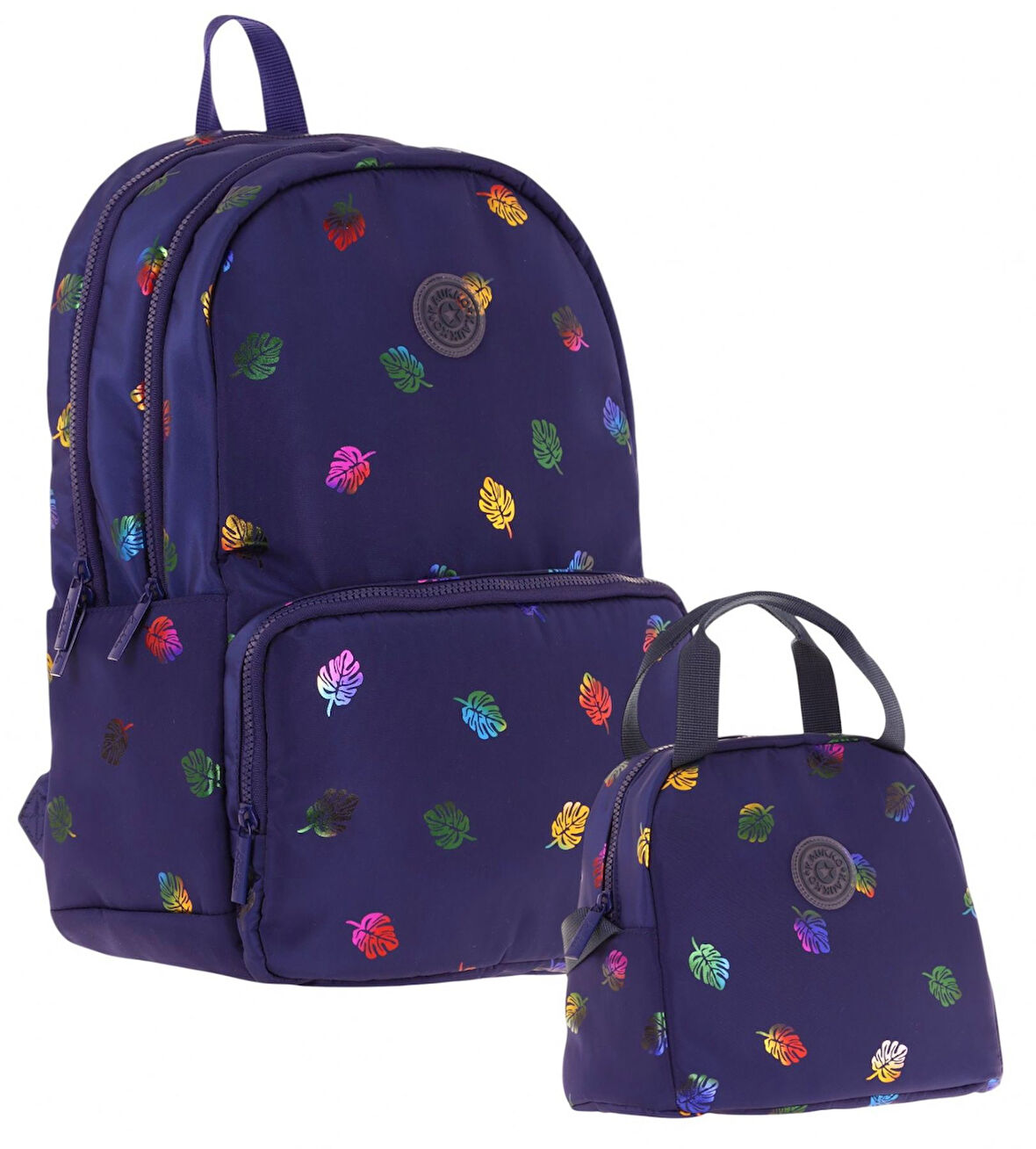 Kaukko Shine Yaprak Desenli Lacivert Kız Çocuk Okul Sırt Çantası ve Beslenme Çantası Seti