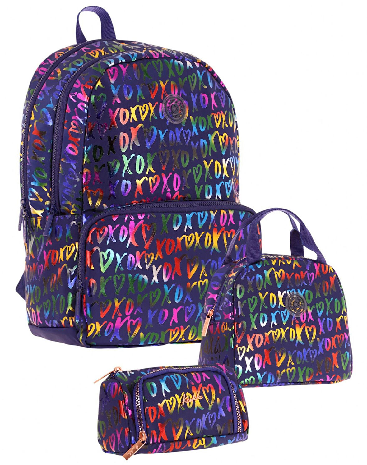 Kaukko Shine Lacivert XOXO Desenli Kız Çocuk Üçlü Okul Çanta Seti