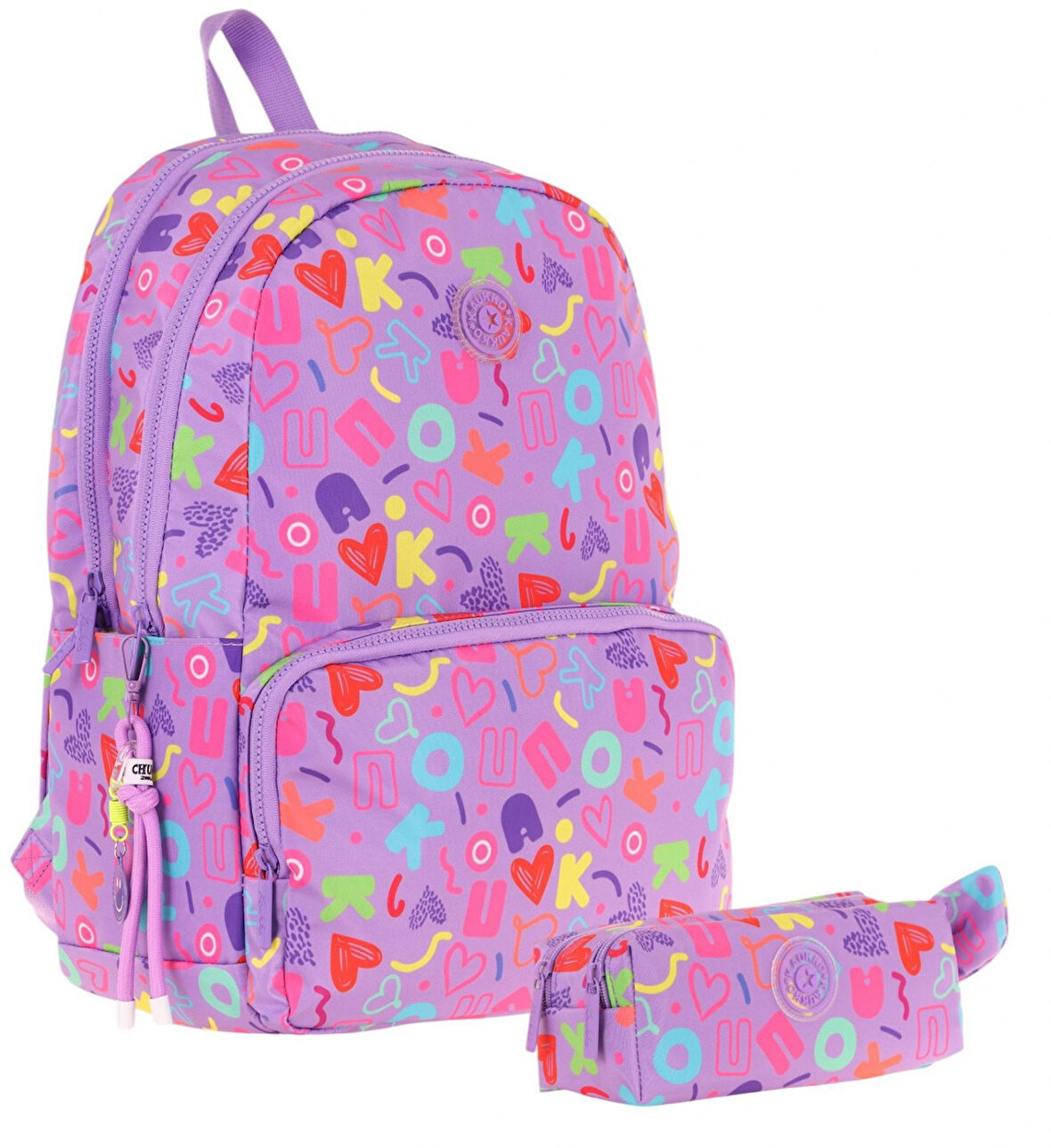 Kaukko Brokar Kalp ve Kaukko Baskılı Mor Kız Çocuk Okul Çantası ve Kalemlik Seti