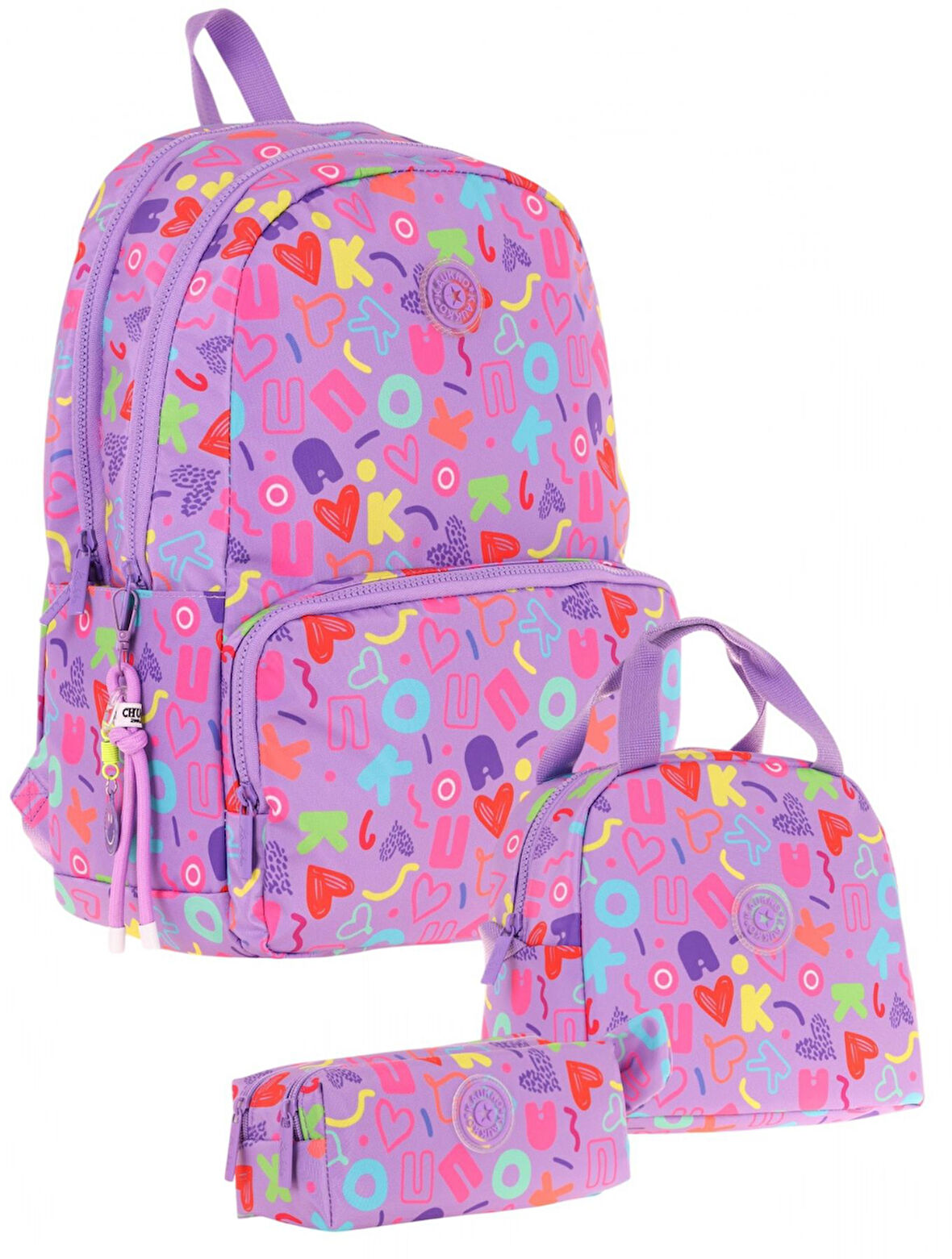 Kaukko Brokar Üçlü Okul Çanta Seti - Mor - Kalp ve Kaukko Baskılı - Kız Çocuk