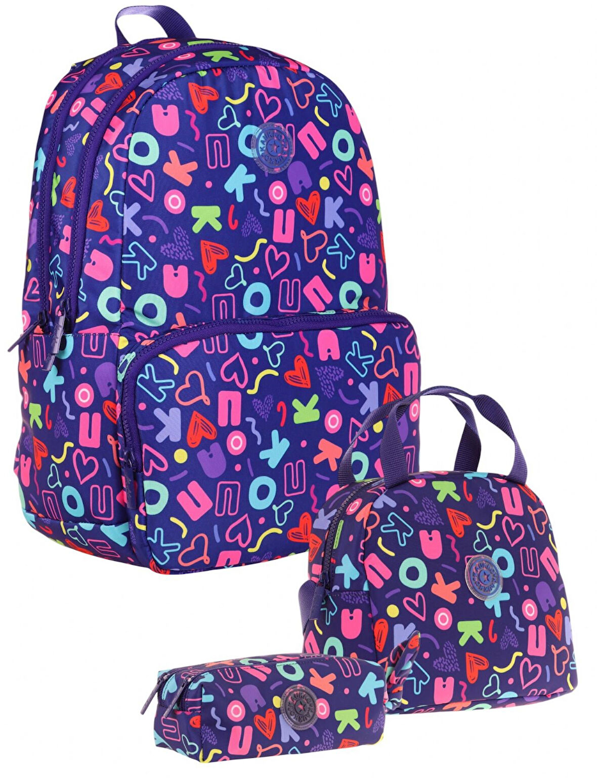Kaukko Brokar Üçlü Okul Çanta Seti - Lacivert - Kalp ve Kaukko Baskılı - Kız Çocuk