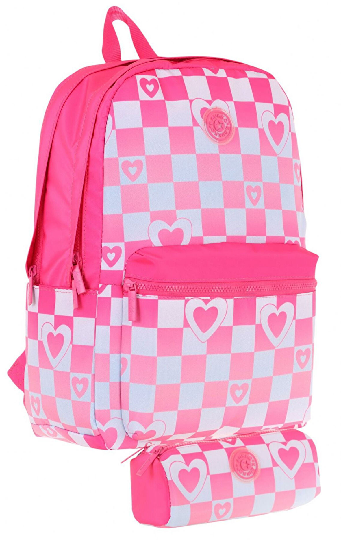 Kaukko Nature Dama ve Kalp Desenli Pembe Kız Çocuk Okul Çantası ve Kalemlik Okul Seti