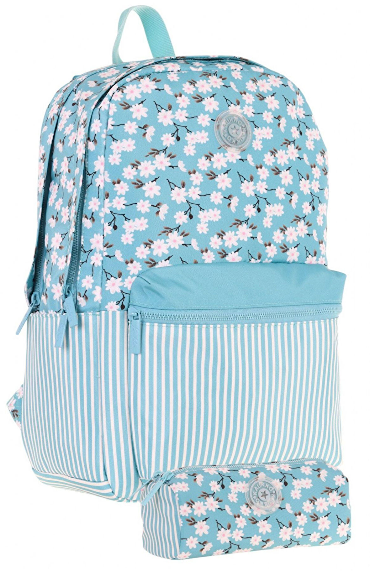Kaukko Soft Floral Çiçek ve Çizgi Desenli Turkuaz Kız Çocuk Okul Çantası ve Kalemlik Okul Seti