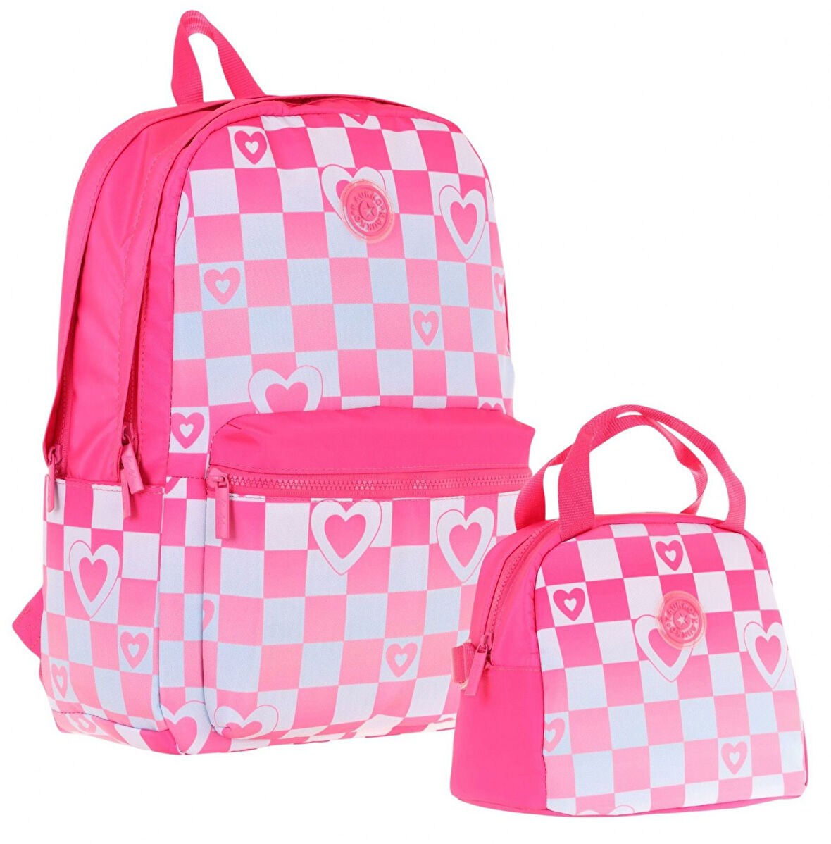 Kaukko Nature Pembe Dama ve Kalp Desenli Okul Çantası ve Isı Yalıtımlı Beslenme Seti - Kız Çocuk