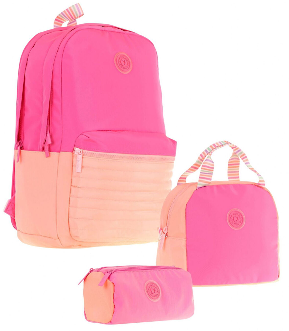 Kaukko Quick Üçlü Kız Çocuk Okul Çanta Seti - Pembe Turuncu - Kapitone Detaylı