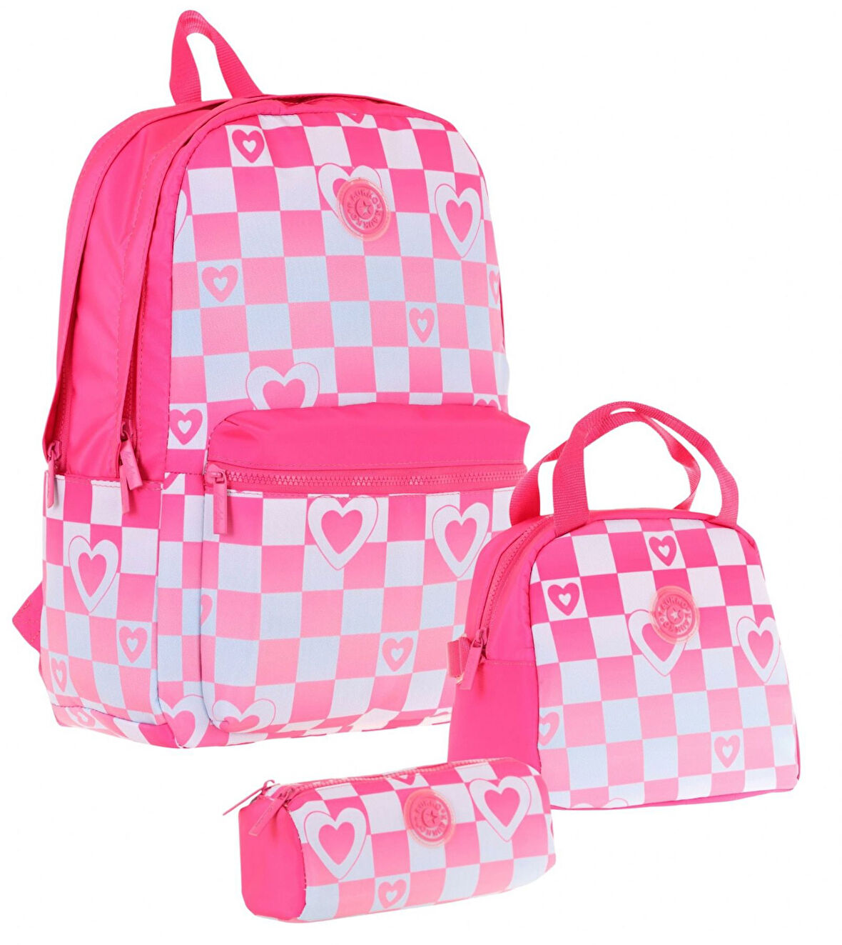 Kaukko Nature Üçlü Kız Çocuk Okul Çanta Seti - Pembe - Dama ve Kalp Desenli