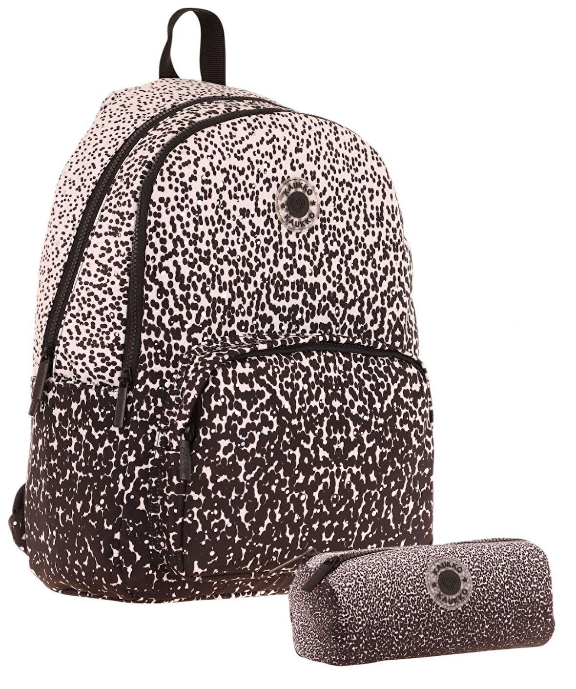 Kaukko Nokta Desenli Siyah Kız Çocuk Okul Çantası ve Kalemlik Seti (KK - K1804+KK - K2715)