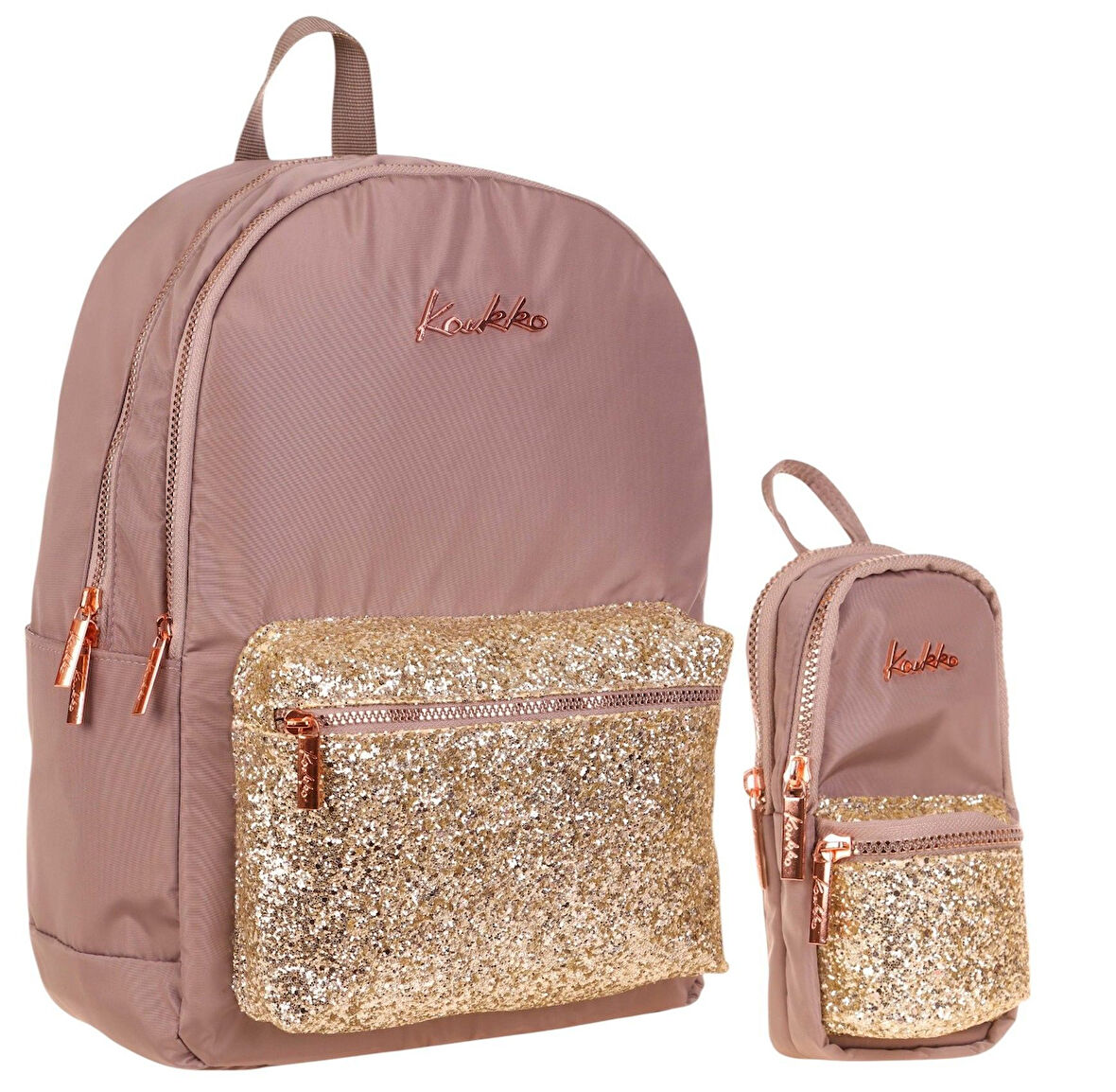 Kaukko Bright Kız Çocuk Taşlı Kahverengi Okul Çantası ve Çanta Şekilli Kalemlik Seti