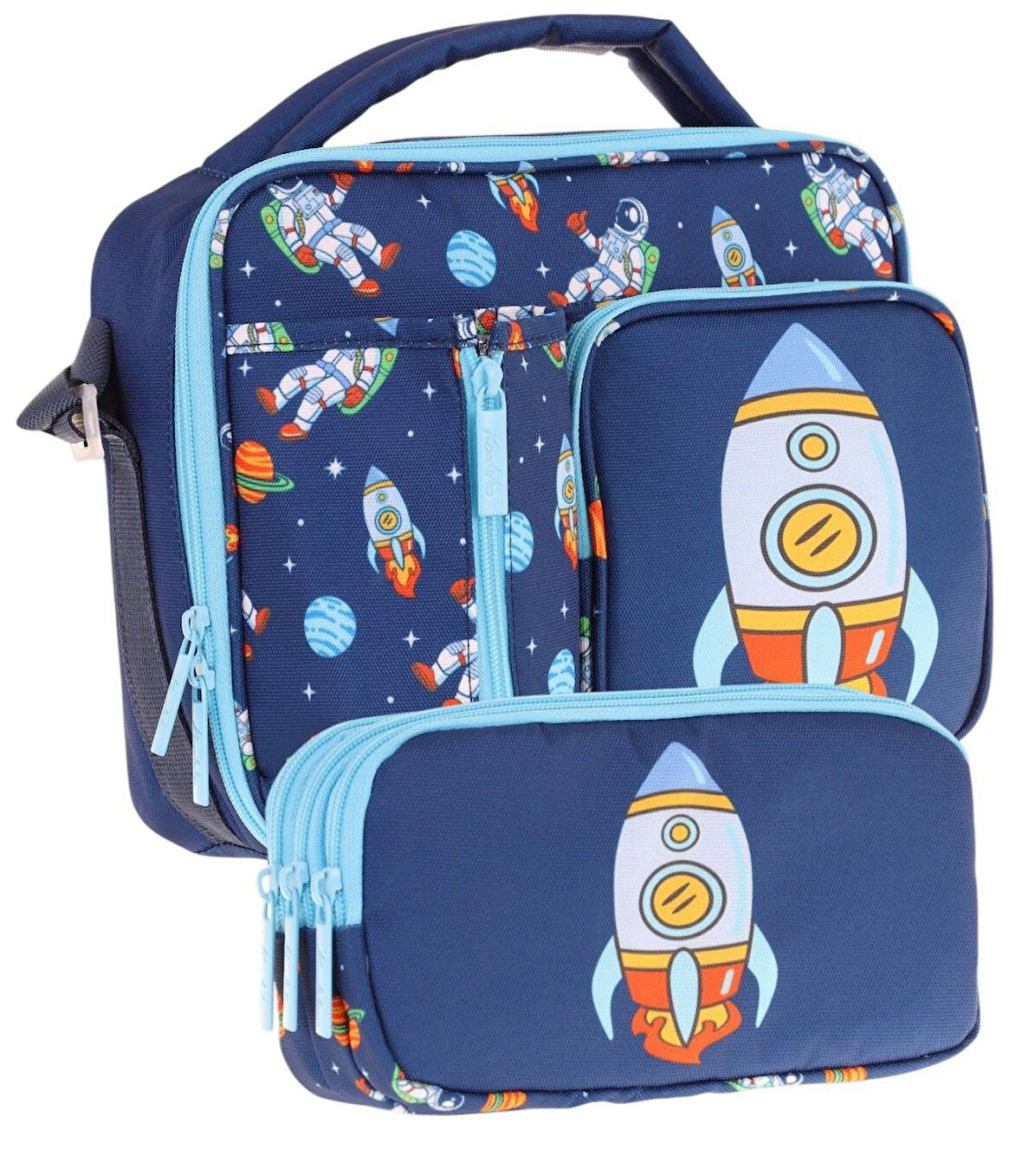 Kaukko Kids Erkek Çocuk Lacivert Roket Üç Bölmeli Thermo Beslenme Çantası ve Kalemlik Seti (L7260+L8260)