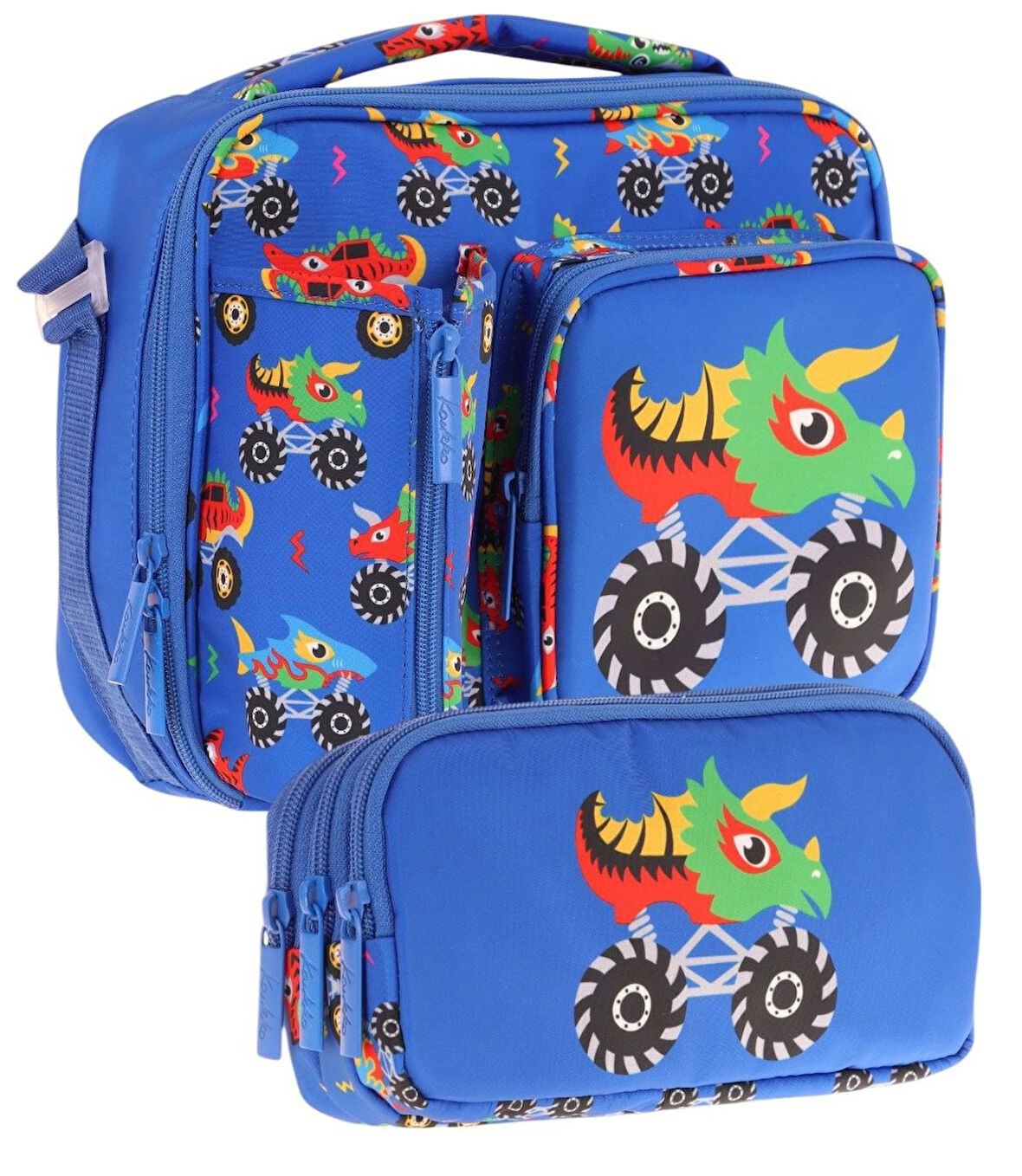 Kaukko Kids Erkek Çocuk Mavi Yeşil Canavar Üç Bölmeli Thermo Beslenme Çantası ve Kalemlik Seti (L7255+L8255)