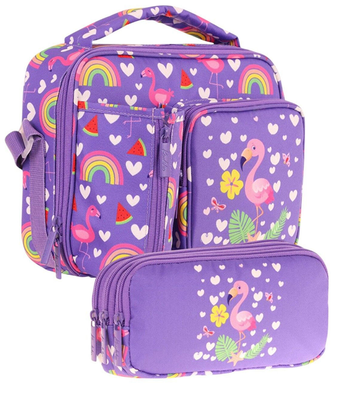 Kaukko Kids Kız Çocuk Pembe Mor Flamingo Üç Bölmeli Thermo Beslenme Çantası ve Kalemlik Seti (L7226+L8226)