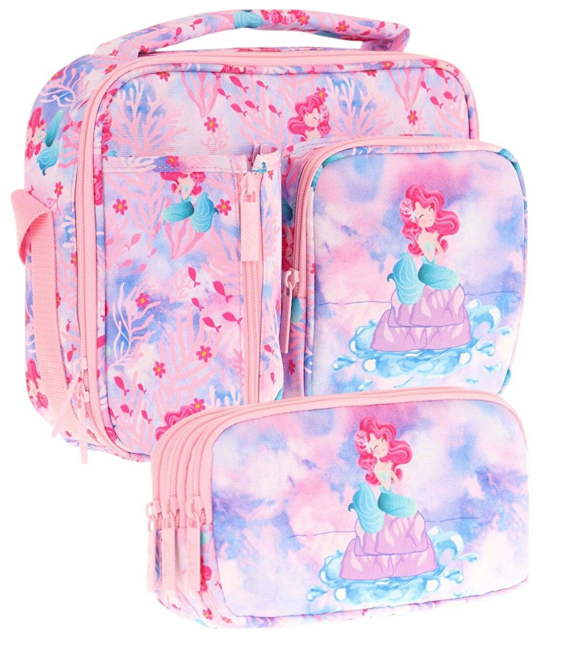 Kaukko Kids Kız Çocuk Pembe Mavi Denizkızı Desenli Üç Bölmeli Thermo Beslenme Çantası ve Kalemlik Seti (L7217+L8217)
