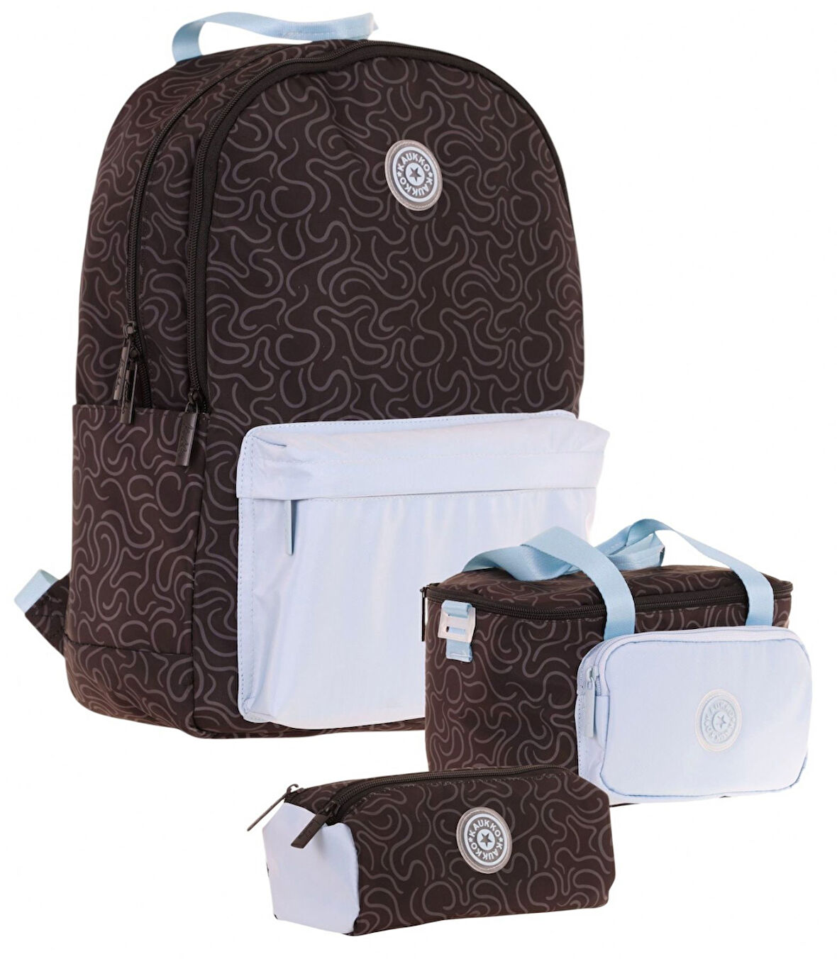 Kaukko Çizgi Desenli Siyah Mavi Kız Çocuk Üçlü Okul Çanta Seti