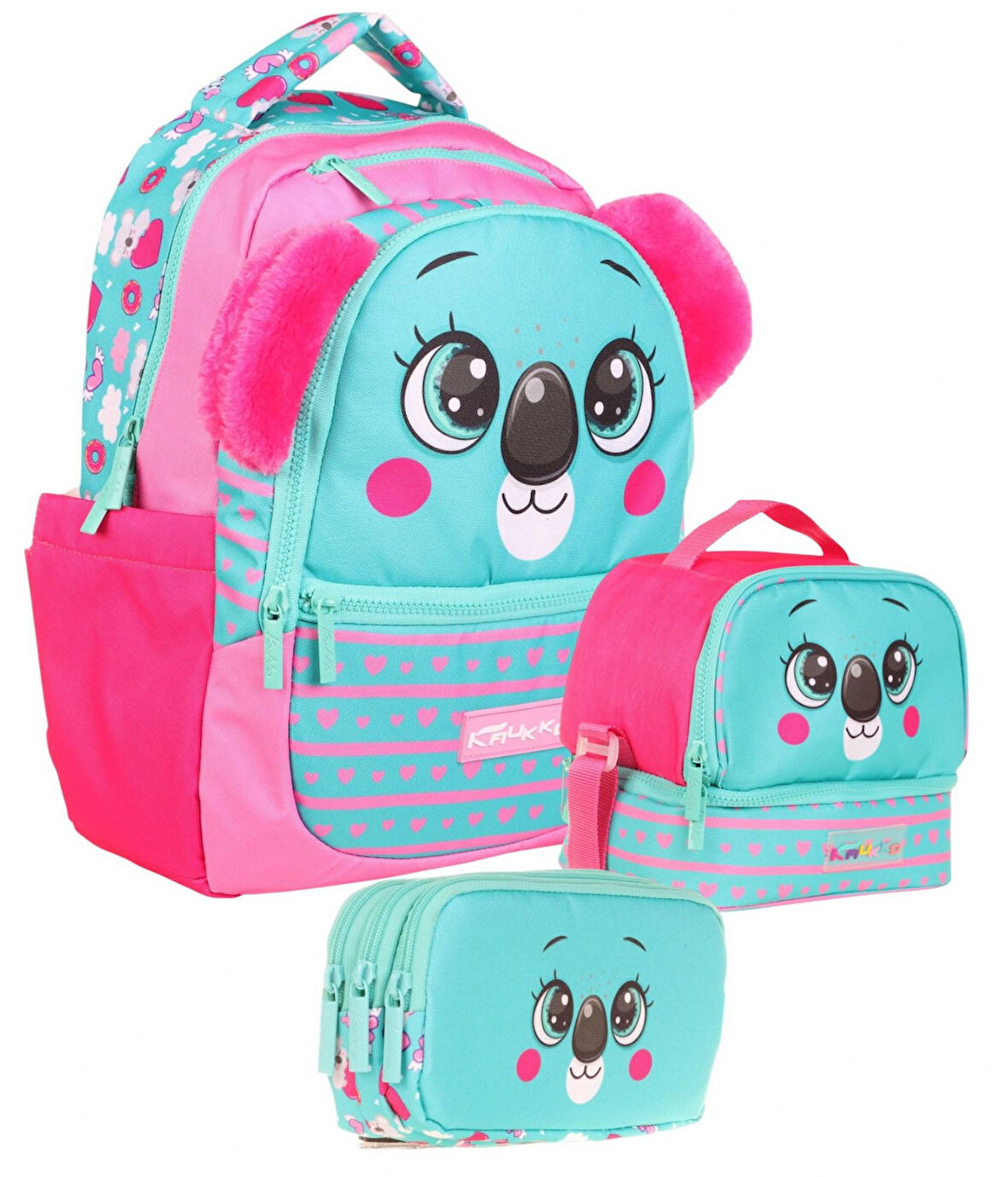 Kaukko Kids Kız Çocuk Üçlü İlkokul 1.2.3.4. Sınıf Okul Çanta Seti - Sevimli Koala Şekilli - Yeşil Kırmızı