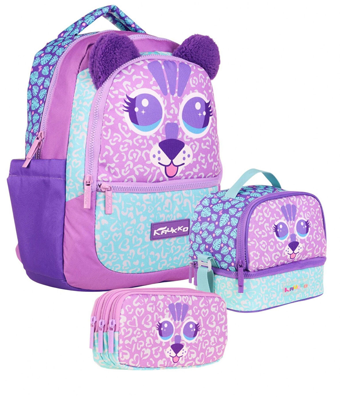 Kaukko Kids Kız Çocuk Üçlü İlkokul 1.2.3.4. Sınıf Okul Çanta Seti - Sevimli Aslan Şekilli - Mor