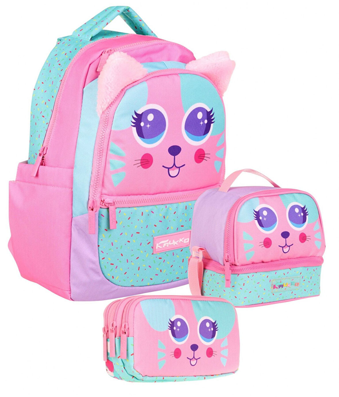 Kaukko Kids Kız Çocuk Üçlü İlkokul 1.2.3.4. Sınıf Okul Çanta Seti - Sevimli Kedi Şekilli - Pembe Yeşil
