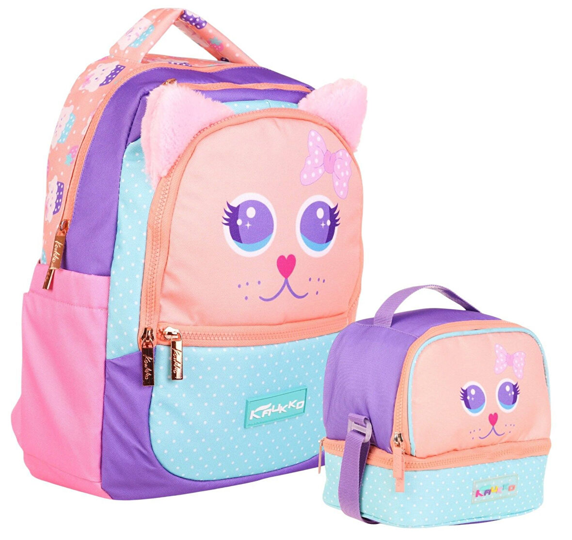 Kaukko Kids Sevimli Kedi Şekilli Kız Çocuk Okul Çantası ve Beslenme Çantası Seti - Pembe Turkuaz