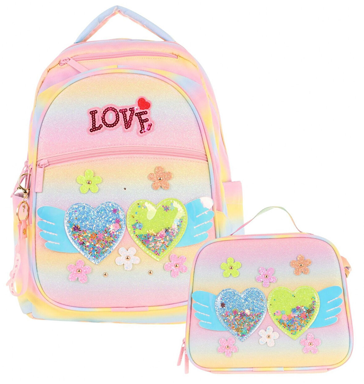 Kaukko Kids Dört Bölmeli Okul Çantası ve Beslenme Çantası Seti - Simli Kalp ve Çiçek Detaylı - Kız Çocuk (L5213+L7213)