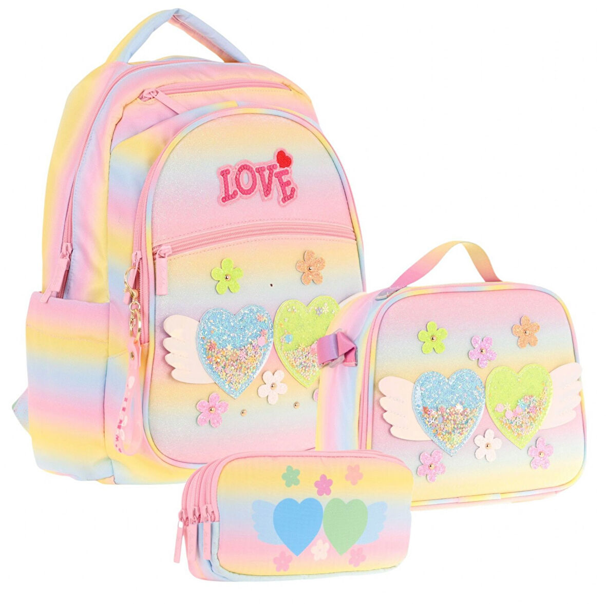 Kaukko Kids Kız Çocuk Simli Kalp ve Çiçek Detaylı İlkokul 1.2.3.4. Sınıf Üçlü Okul Çanta Seti