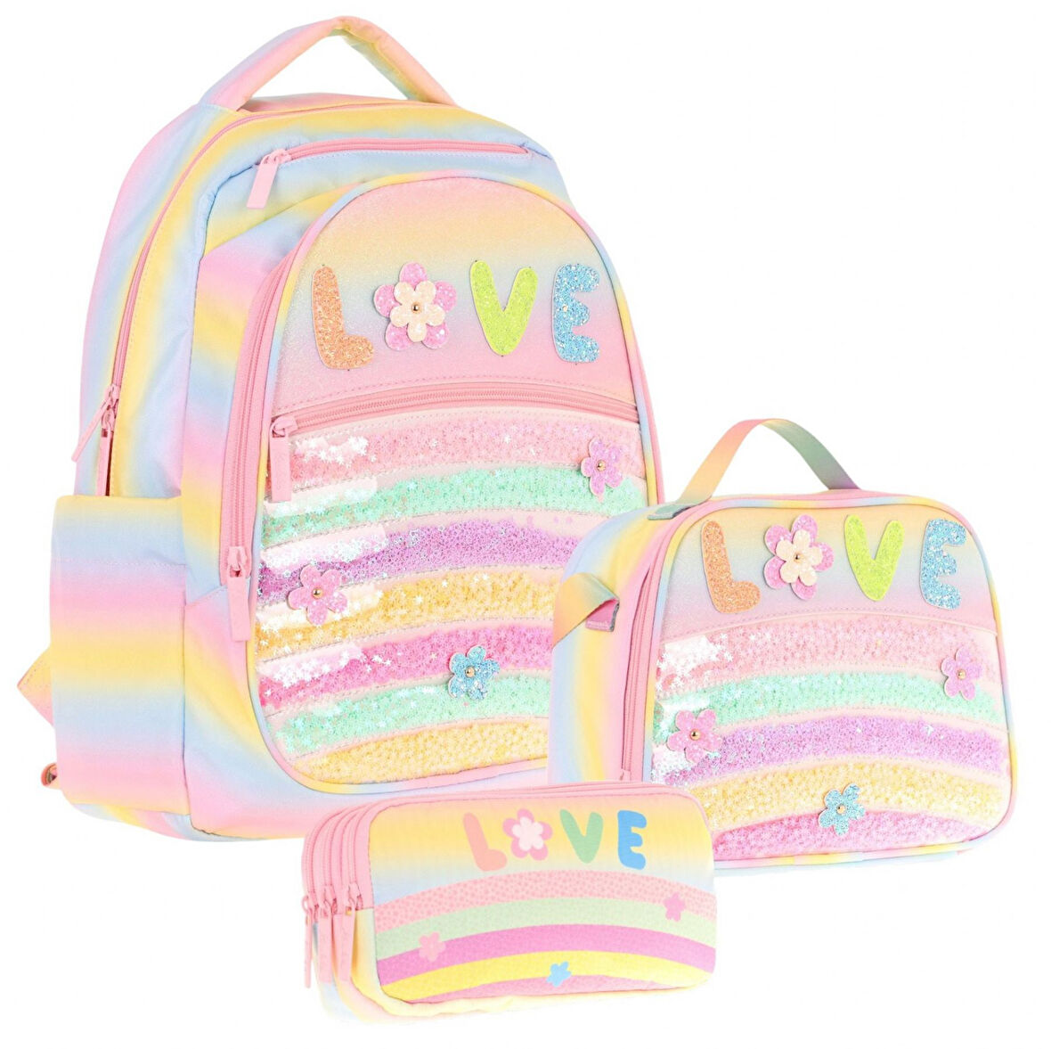 Kaukko Kids Kız Çocuk Simli Pullu Love Baskılı İlkokul 1.2.3.4. Sınıf Üçlü Okul Çanta Seti